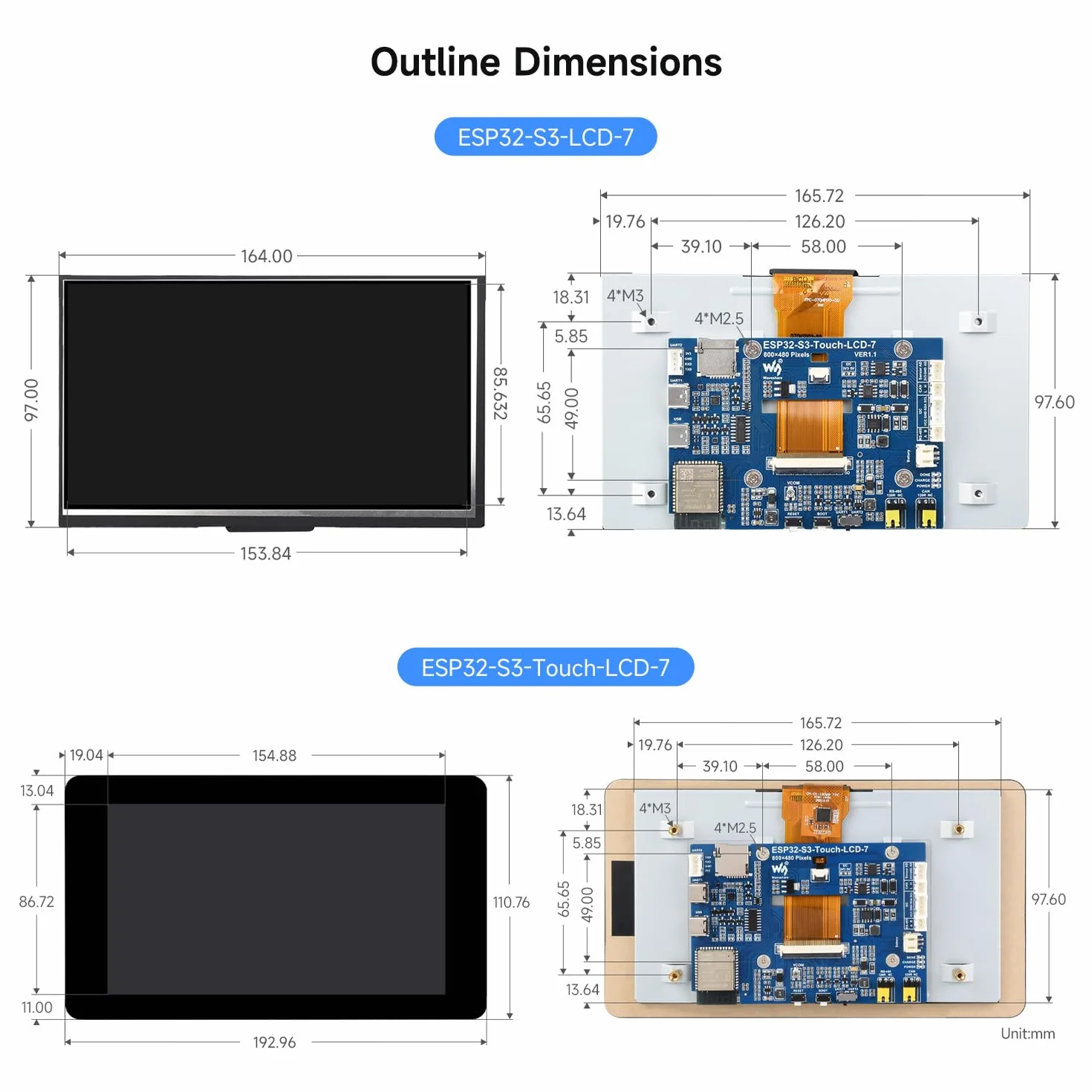 Waveshare ESP32-S3 7inch Capacitive Touch LCD Development Board, ESP32 with Display, 800x480, 5-Point Touch, 240MHz, Supports WiFi, Onboard Antenna, Suitable for ESPHome/Home Assistant Project