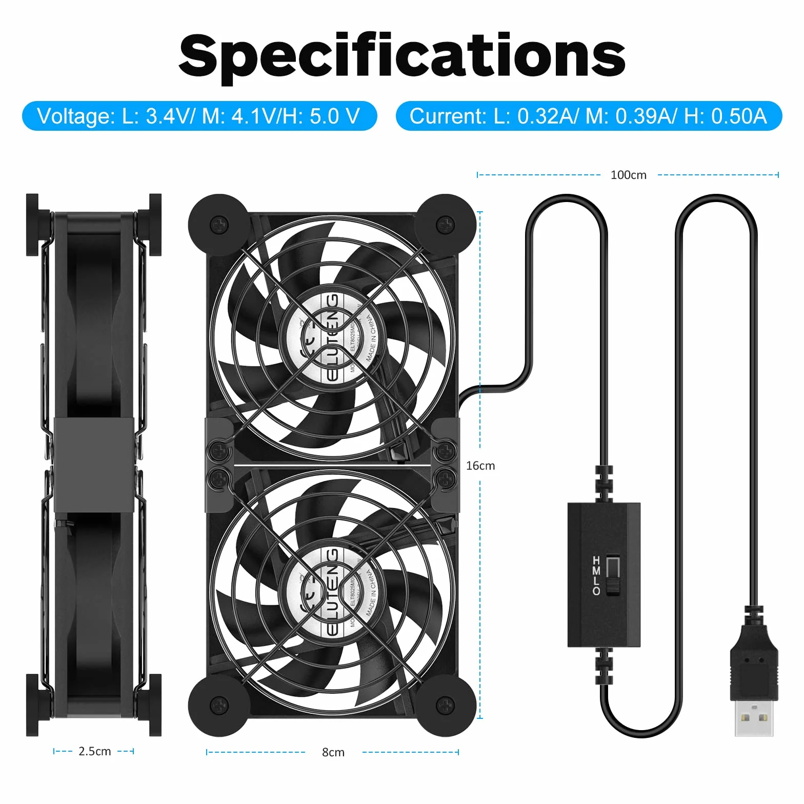 ELUTENG Wentylator USB 2 w 1, 80 mm, 3 stopnie prędkości, dwurzędowy, 5 V, cichy, z 8 nóżkami amortyzującymi wstrząsy, mały, komputerowy, zasilany przez USB, do szafki, routera, PS5, laptopa,