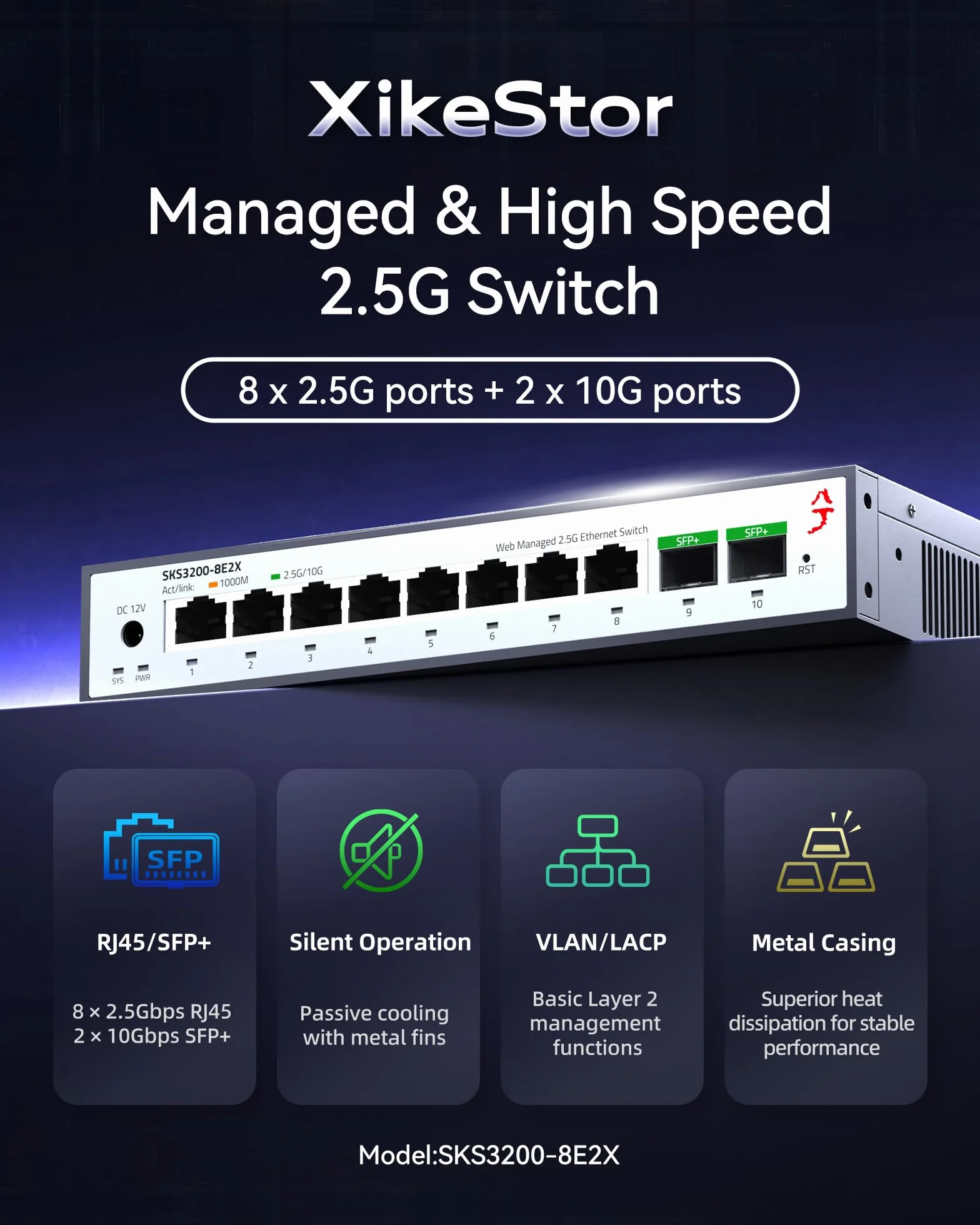 Przełącznik sieciowy zarządzalny z 8 portami 2.5G (zarządzanie przez Web, 8 portów RJ45 100M/1000M/2.5G + 2 porty SFP+ 10G, bez wentylatora, mostkowanie VLAN, na biurko/montowany w racku)