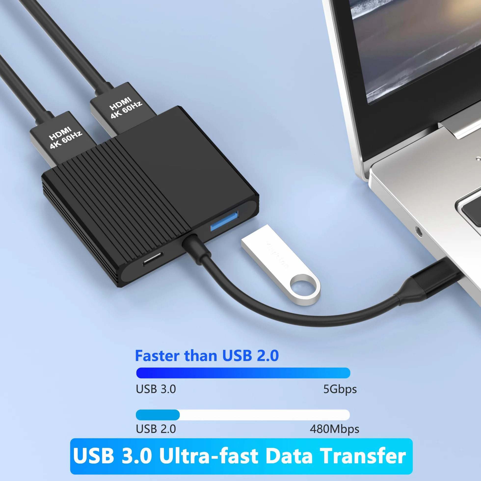 Rozdzielacz HDMI na dwa monitory, adapter USB C na podwójny HDMI 4K @ 60 Hz do laptopów Dell/HP/Mac z PD, USB 3.0, podwójny adapter HDTV na 2 monitory, rozdzielacz HDTV