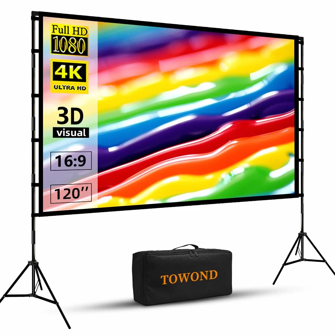 TOWOND Ekran projektora i stojak, przenośny ekran projekcyjny 304.8 cm, do wewnątrz, na zewnątrz, ekran projektora, 16:9, 4K, HD, bez zagnieceń, lekki ekran filmowy z torbą do przenoszenia, na