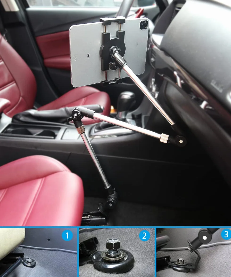 Uchwyt na tablet podłogowy do samochodu, uchwyt na telefon, wytrzymały zacisk do telefonu z aluminiowym długim ramieniem, stojak na fotel samochodowy do iPada Pro 12,9 Air Mini, Galaxy Tabs