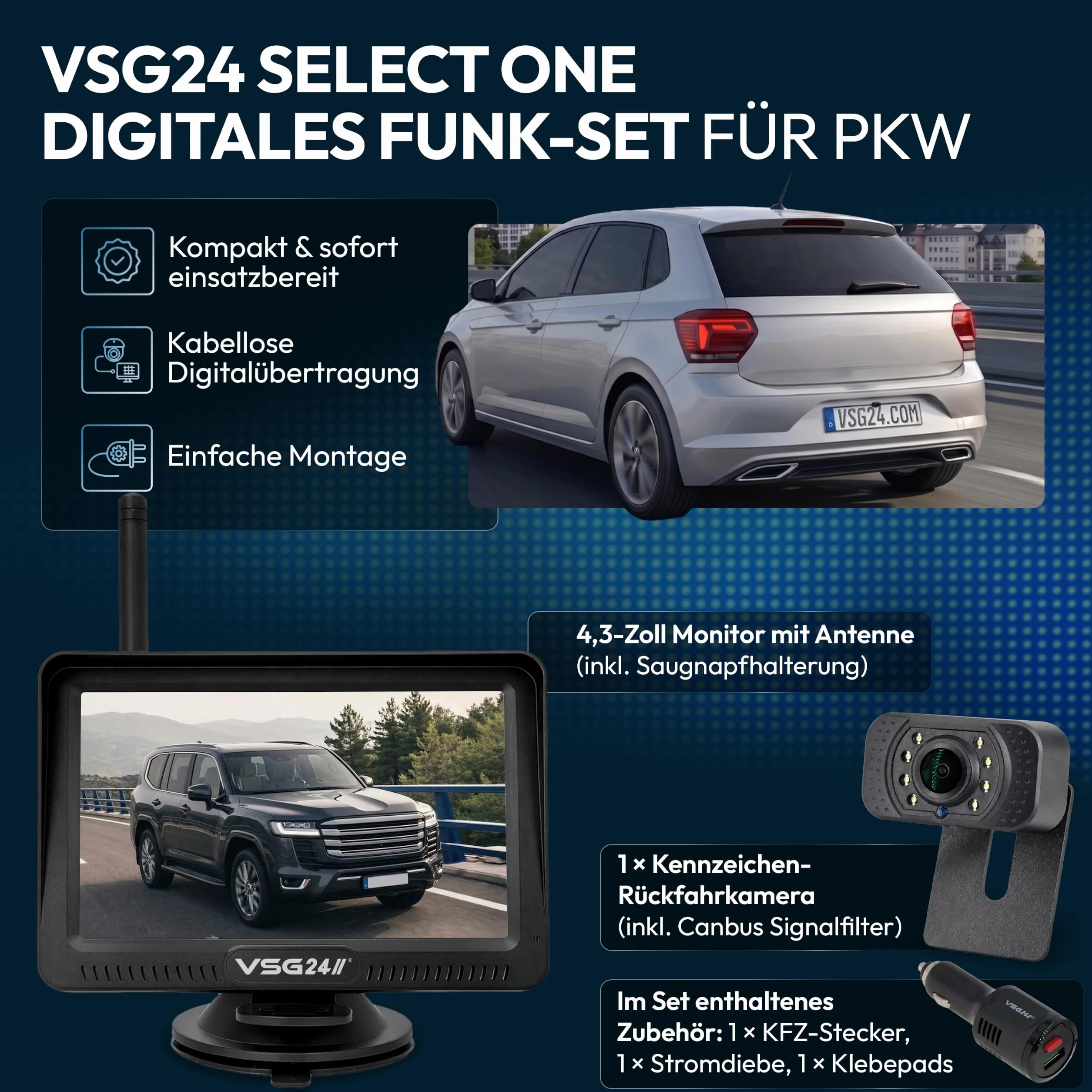 VSG 24 24146 – 4,3" radiowy system cofania do samochodów osobowych, zestaw kamer RVS, rozdzielczość 600TV, widoczność w nocy, kąt 120°, 12V, dopuszczenie do ruchu elektronicznego, IP68 - czarny