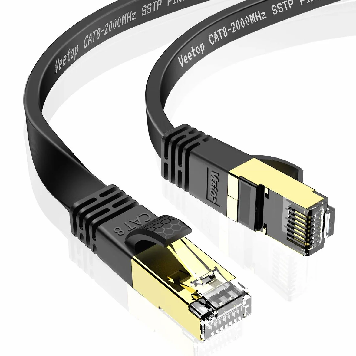 Veetop Płaski kabel Ethernet Kategorii 8, Kabel Sieciowy z Pozłacanymi Złączami - Kabel LAN High Speed 40 Gigabit/s - 2000 MHz 2m czarny