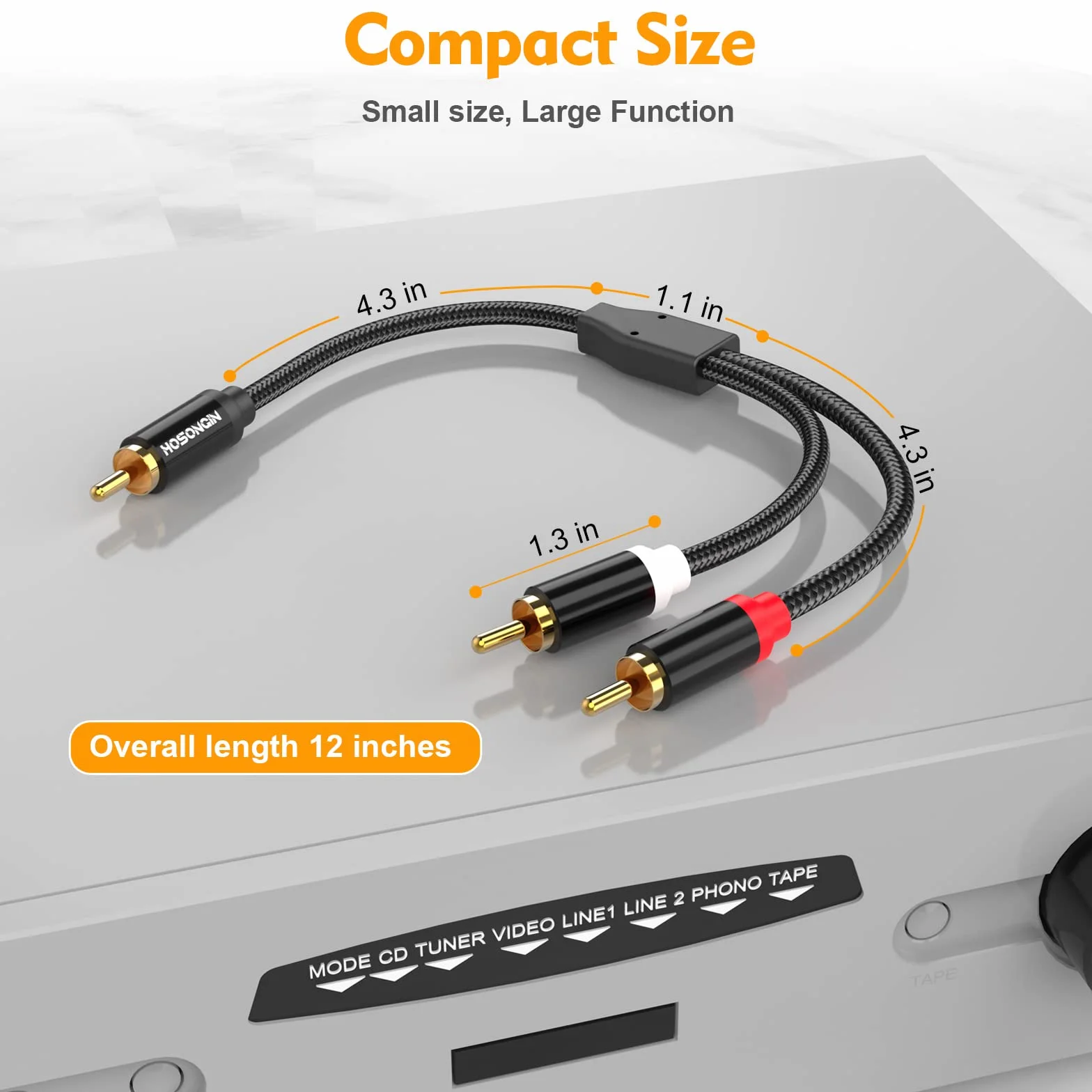 HOSONGIN Kabel rozdzielający RCA Y, 1 męski na 2 męskie kable audio (2 sztuki), 30 cm, pozłacany 24-karatowym złotem, pleciony bawełniany, ekranowany kabel subwoofera do wzmacniaczy, telewizora, kina