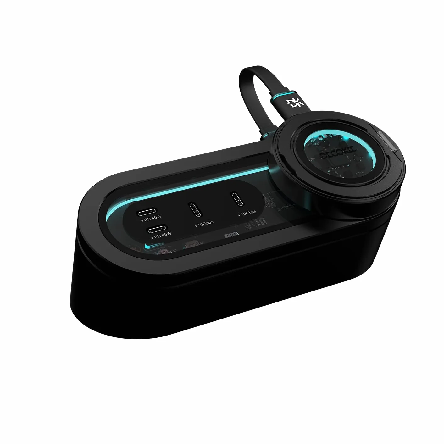 DK-STATION2 Magnetyczny koncentrator obudowy SSD ze stojakiem na telefon DK-DISK2 obudową SSD i DK-HUB2, USB-C 3.2 Gen2 10 Gb/s, podwójne szybkie ładowanie 45 W, RGB LED (czarny)