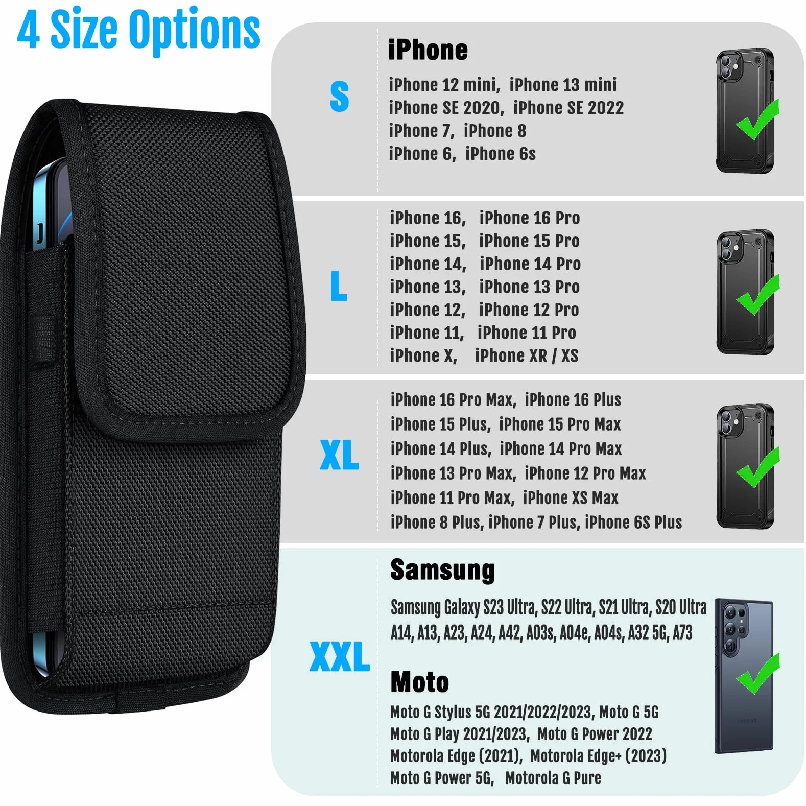ykooe Pokrowiec na pasek na telefon komórkowy premium, etui na telefon, uchwyt uniwersalny do iPhone 15 14 13 12 Pro Max 7 8 Plus, Samsung Galaxy S21 FE S23 S22 S21 S20 FE S10 A13 (L)