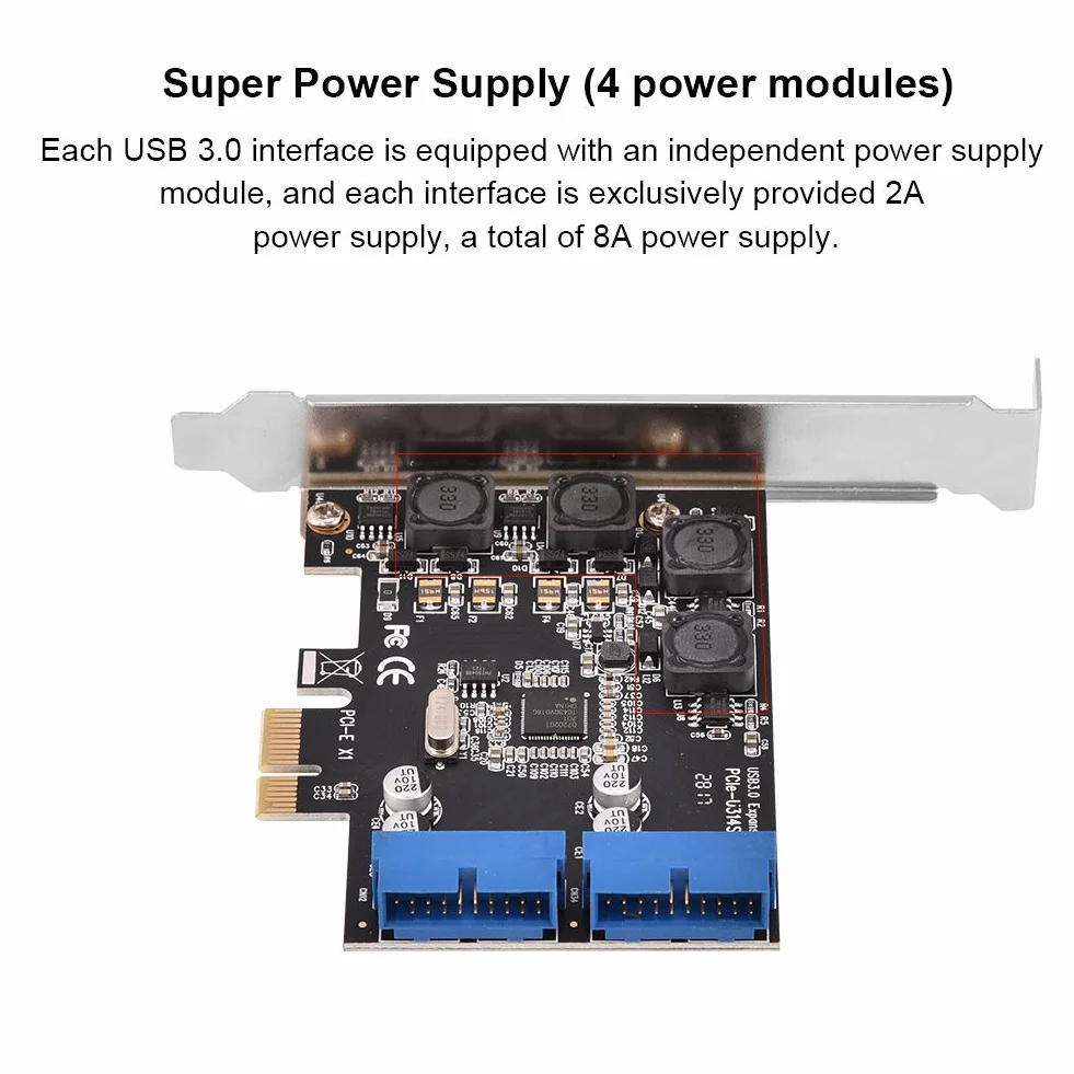 ASHATA Kontroler PCI Express USB 3.0, Karta Rozszerzeń PCI-E, 2 x Wewnętrzne Złącza 19-Pinowe, Super Speed Do 2 Portów Wewnętrznych, Adapter Dla WinXP/7/8/8.1/10