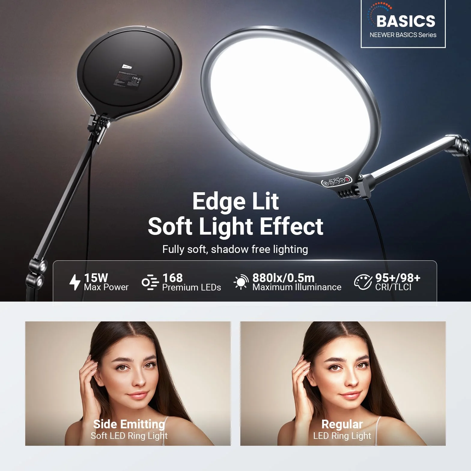NEEWER BASICS 10,5" światło strumieniowe LED, pełny ekran 3000-6500 K, 15 W, z regulowanym ramieniem, stojakiem, zaciskiem do laptopa, komputera, wideo, konferencji Zoom, R10