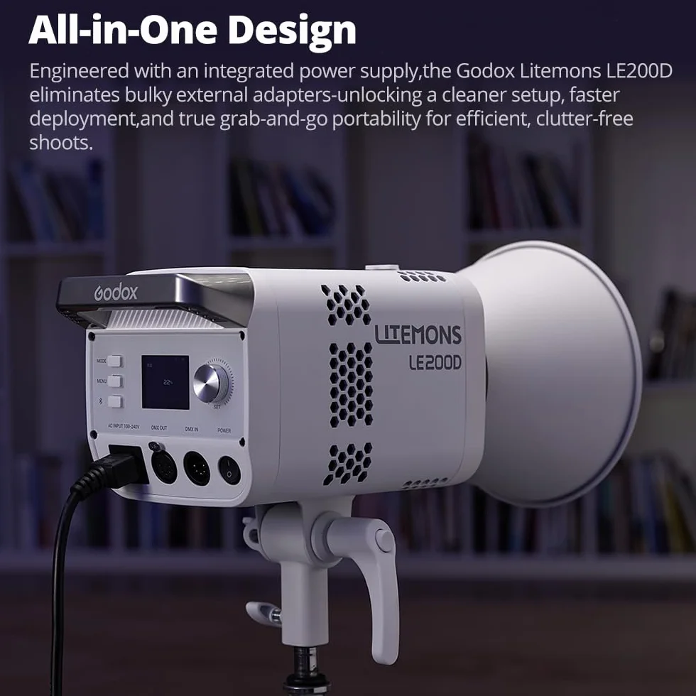 Godox LE200D lampa wideo LED 220 W ze światłem ciągłym, 5600 K, CRI 96, 63 500 lx, wysoka moc świetlna, złącze Bowensa, sterowanie DMX/Bluetooth, 7 efektów specjalnych, do fotografii studyjnej i