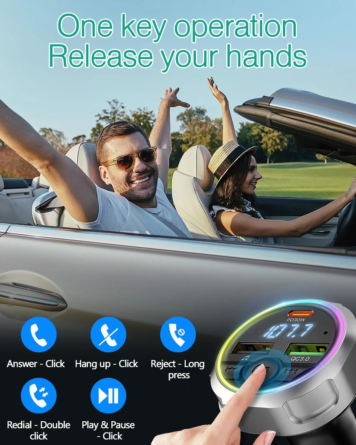 ORIA Nadajnik FM Bluetooth 5.3 60 W, bezprzewodowa ładowarka samochodowa z PD 30 W i QC3.0 18 W, obsługa napędu USB, kolorowe światło oddechowe, połączenia bez użycia rąk, adapter audio radia