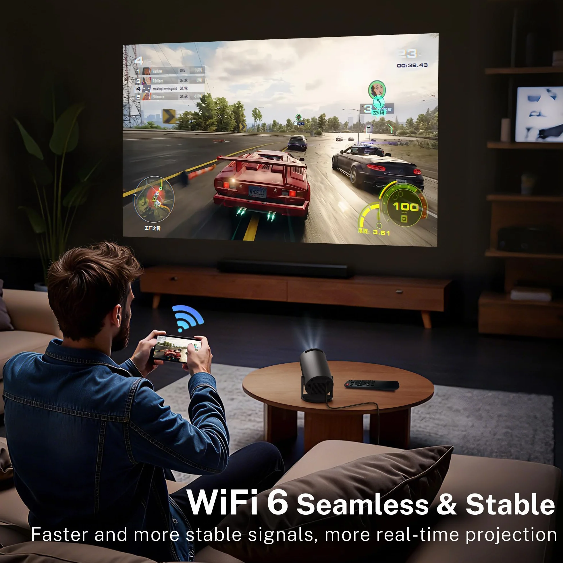 Mini projektor ze zintegrowanym WiFi i Bluetooth, Android 14, 1080P 4K, przenośny projektor z obrotem 180°, wersja HY300pro+ do użytku domowego i zewnętrznego LYNCAST X1