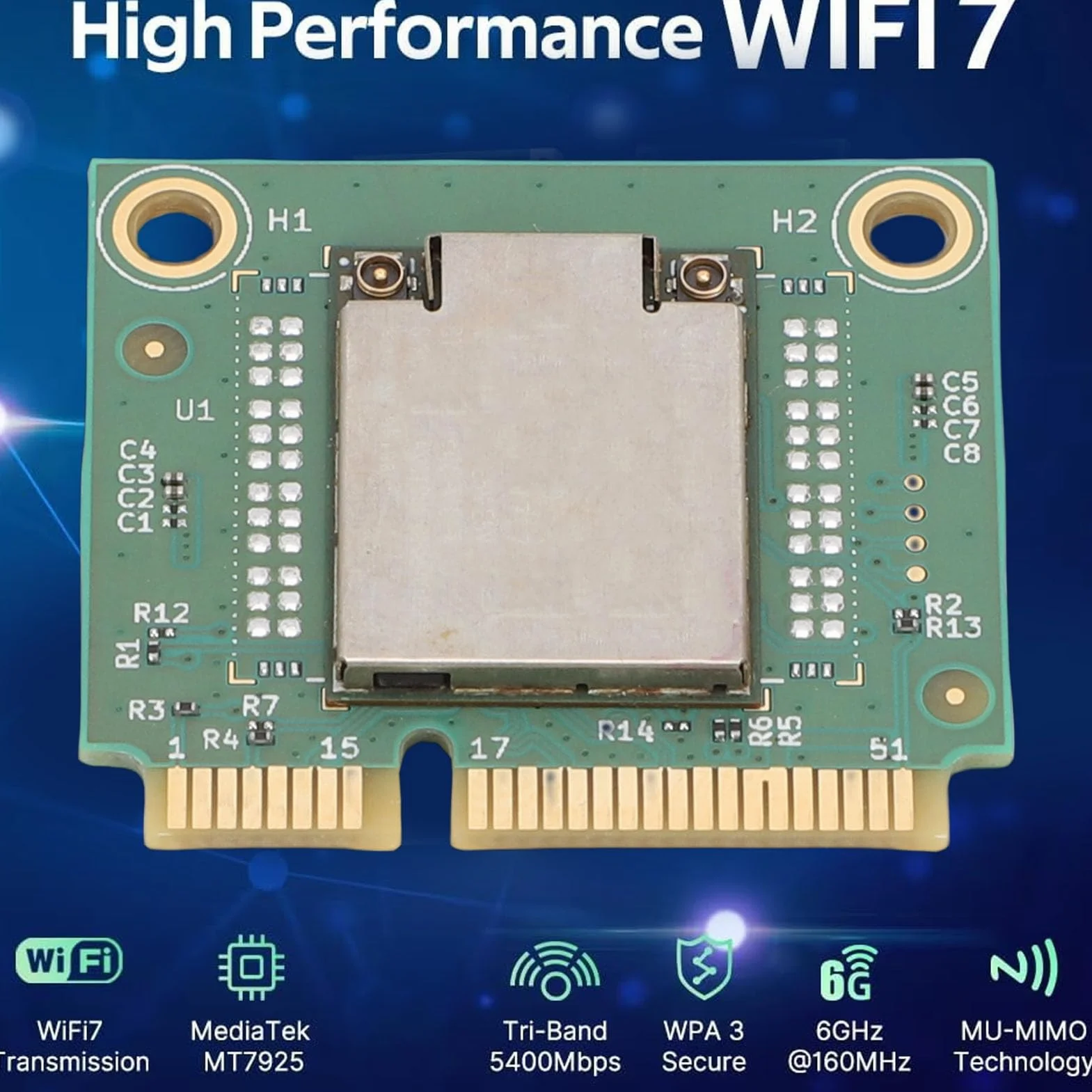 MT7925 Karta Bezprzewodowa WiFi 7 Mini PCIe, Trójzakresowa Karta Sieciowa 5400 Mbps z Bluetooth 5.3, WPA4, OFDMA MU MIMO, do Laptopa z Systemem 10/11