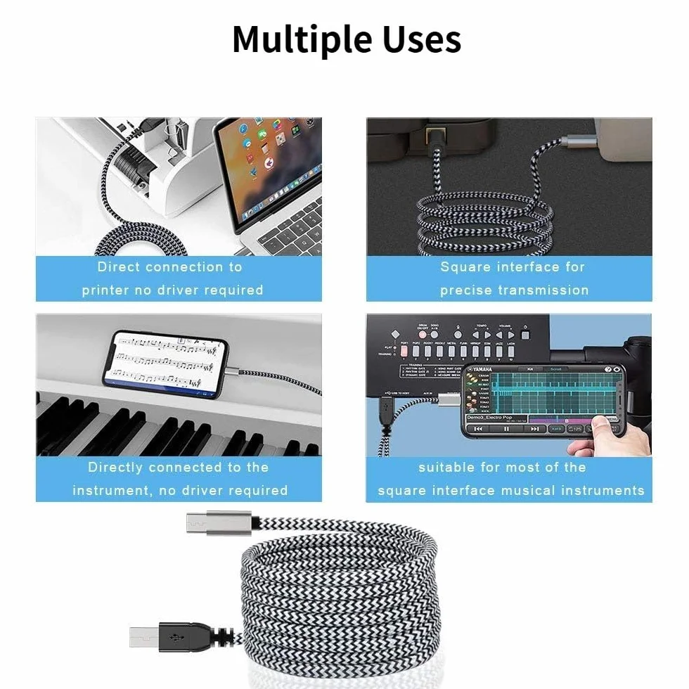 MOSWAG Kabel USB B do USB C 480 Mbps 10 m, kabel do drukarki MIDI, wytrzymały nylonowy płaszcz i aluminiowa wtyczka, do drukarek, keyboardów MIDI, smartfonów, syntezatorów, interfejsów audio