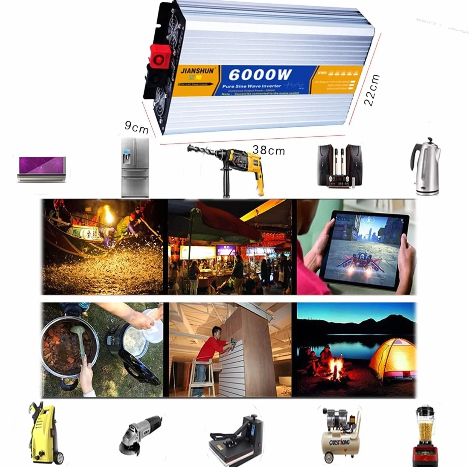Falownik Pure Sinus 12V/24V/48V/60V/72V 220V 230V przetwornica napięcia 4000 W 5000 W 6000 W 8000 W z 2 wtyczkami UE (kolor: 6000 W, rozmiar: 12V)