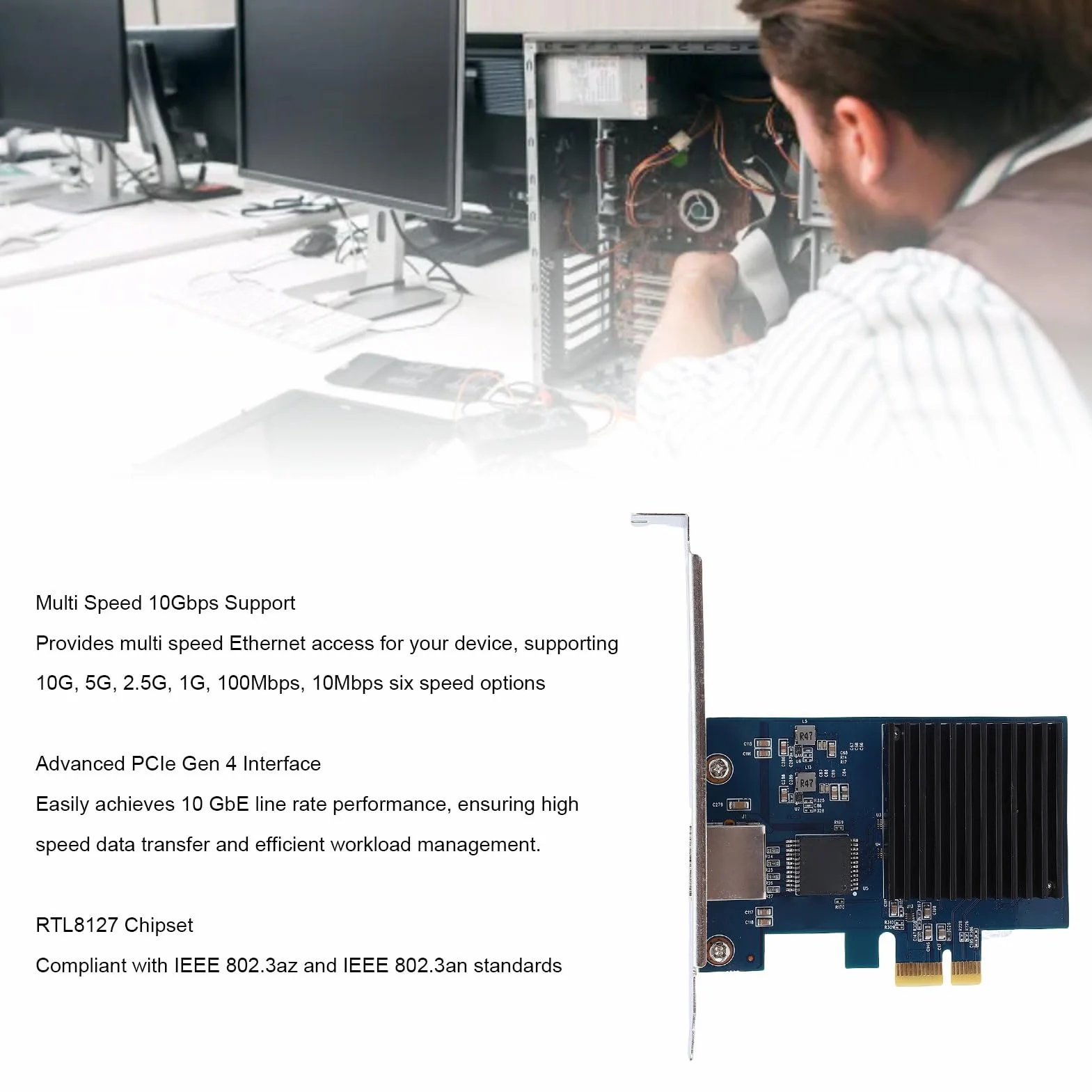 Goshyda Karta Sieciowa PCIE 4.0 10 Gb/s, Adapter Ethernet RTL8127, Porty RJ45 dla Serwera Stacjonarnego Linux, 6 Prędkości 10 G/5G/2,5 G/1G/100m/10mbps