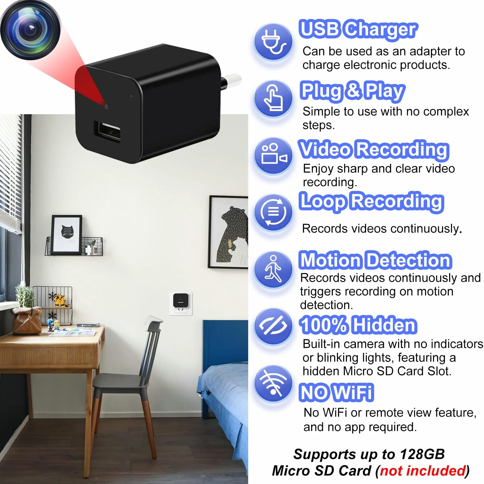 TANGMI Kamera szpiegowska, ładowarka USB / adapter mini ukryta kamera szpiegowska, nagrywanie wideo HD 1080P mikro kamera szpiegowska z wykrywaniem ruchu i nagrywaniem w pętli