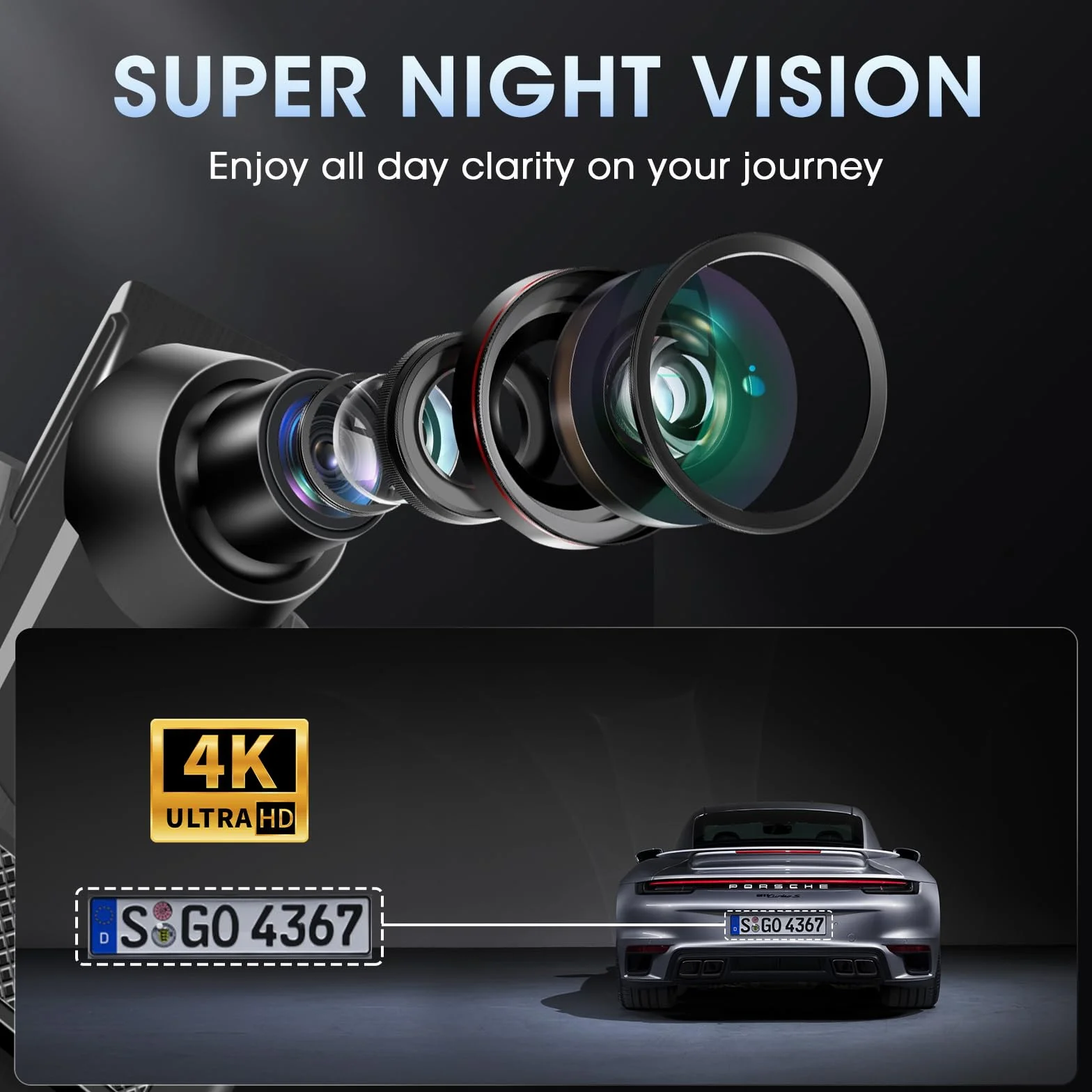 Vtopek Dashcam 4K 10" Kamera na deskę rozdzielczą z kamerą cofania Szeroki kąt 170° Dashcam Samochód Przód Tył z kartą SD 64G Lustrzana kamera samochodowa z WDR Nocna wizja Czujnik G Monitor Parku
