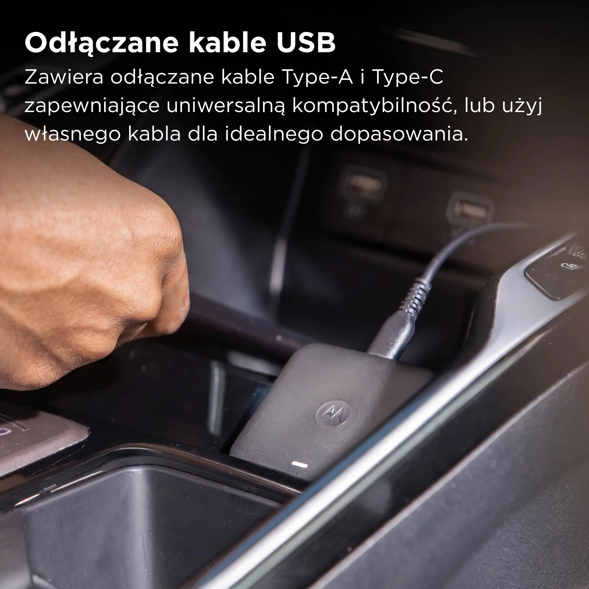 Motorola Drive MA2 adapter bezprzewodowy Android Auto – opracowany przez Google, Wi-Fi 5 GHz, automatyczne połączenie Bluetooth, USB-A i USB-C, wielopunktowe