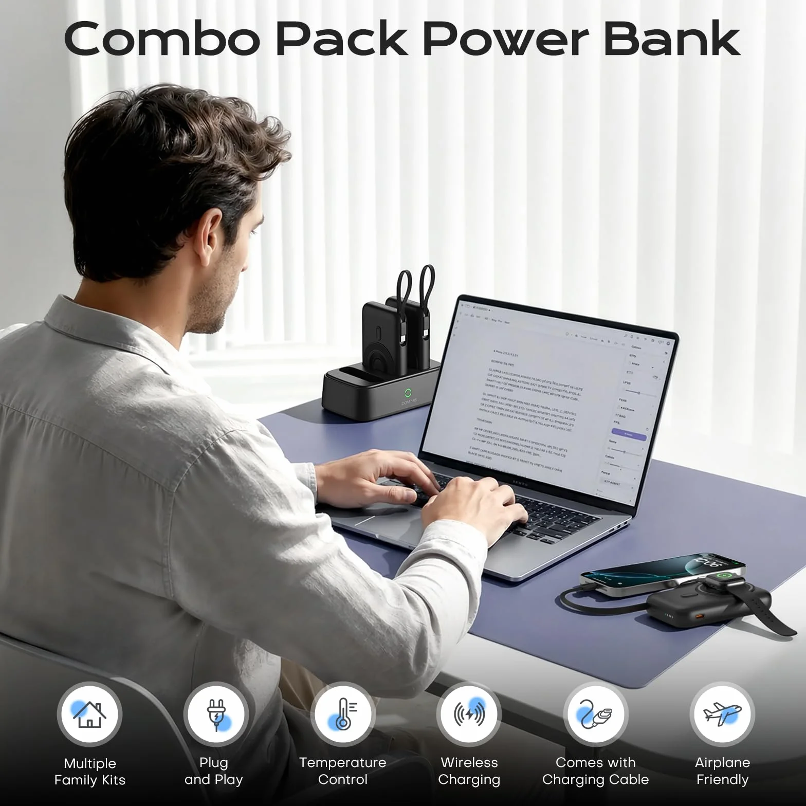 Power Bank Stacja ładująca 10000mAh, 3/6 porty, 22.5W Fast Charge, Powerbank z wbudowanymi kablami USB-C/Lightning/Micro, 15W Wireless, do iPhone Samsung Android, podróżny zestaw ładowania