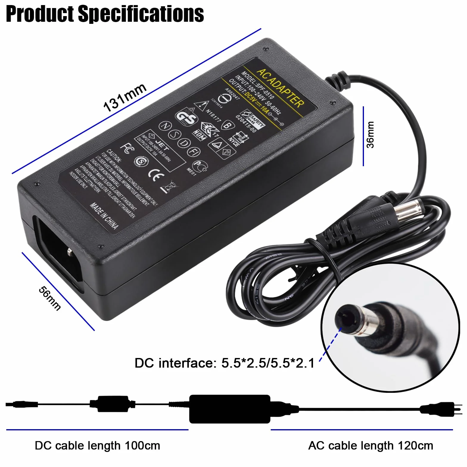 Zasilacz 5 V, 10 A, 50 W, uniwersalny zasilacz sieciowy AC 100-240 V na DC 5 V, transformator 5,5 x 2,5 mm wtyczka do taśm LED, kamery monitorującej, HUB i TV Box