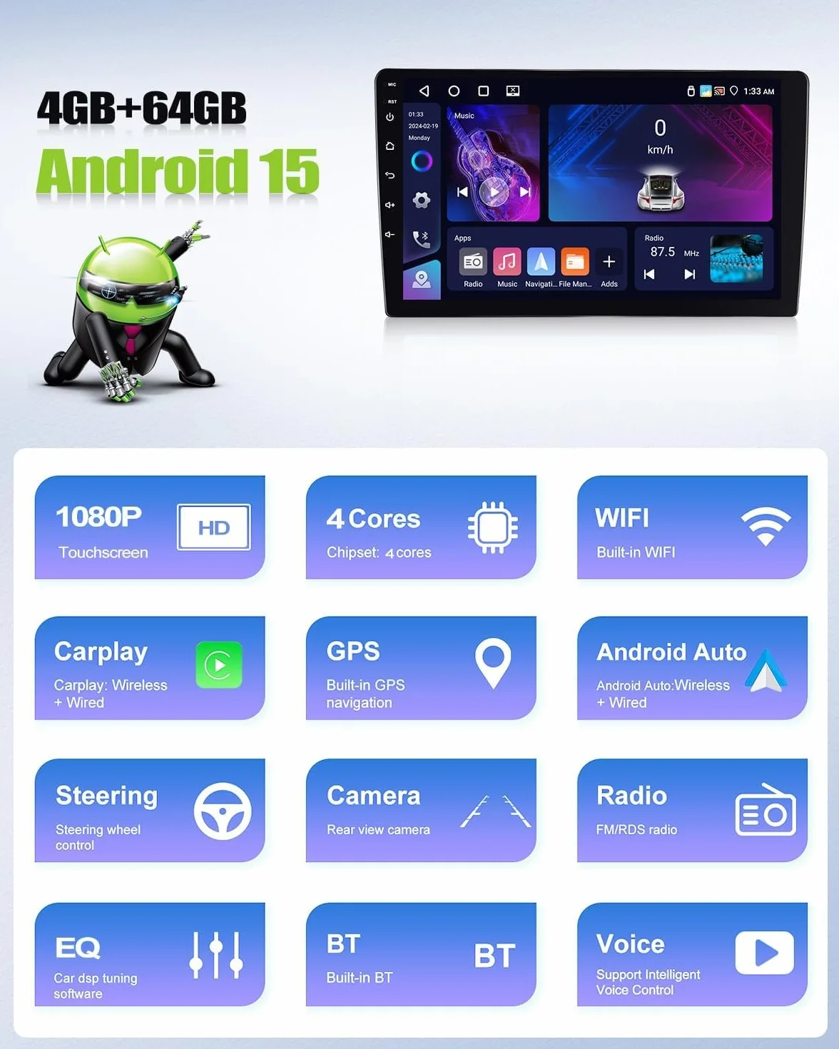 CAMECHO 4+64 GB Android 15 Radiomagnitofon z CarPlay dla Mercedes-Benz Smart Fortwo 2005–2010 Nawigacja CarPlay Android Auto 9″ ekran dotykowy Bluetooth MirrorLink WiFi FM/RDS EQ + kamera
