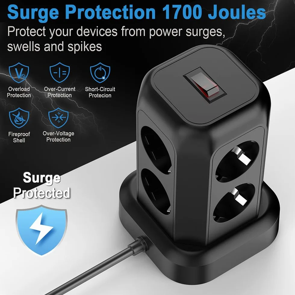 Gniazdo zasilające Multi Tower, wiele gniazd, 2500 W, przedłużacz z 3 portami USB, 1 portem typu C, odpowiednie do różnych zastosowań (11 x 11 x 17 cm)