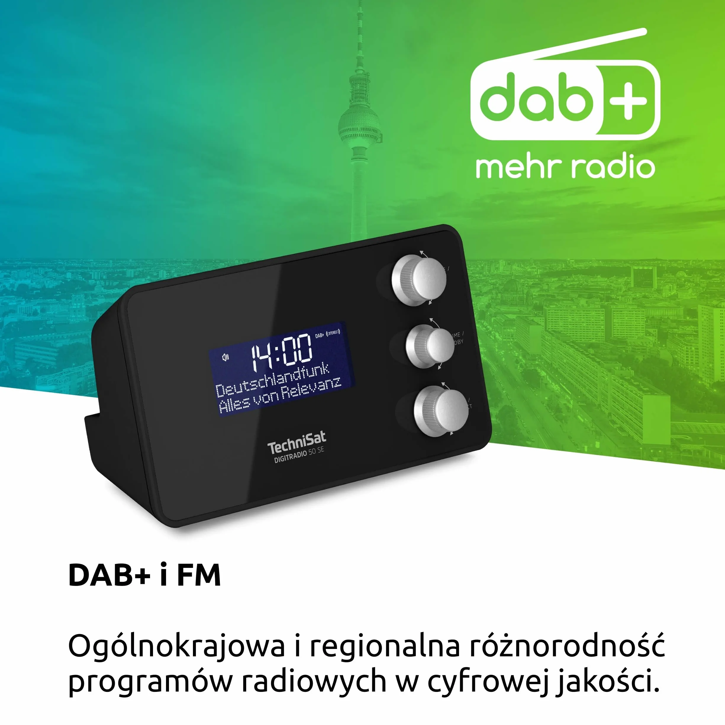 TechniSat DIGITRADIO 50 SE - Radiobudzik (DAB+/FM, ściemniany wyświetlacz, 2 programowalne alarmy, drzemka, timer uśpienia, 1,5 W, wejście słuchawkowe, ładowanie USB) czarny