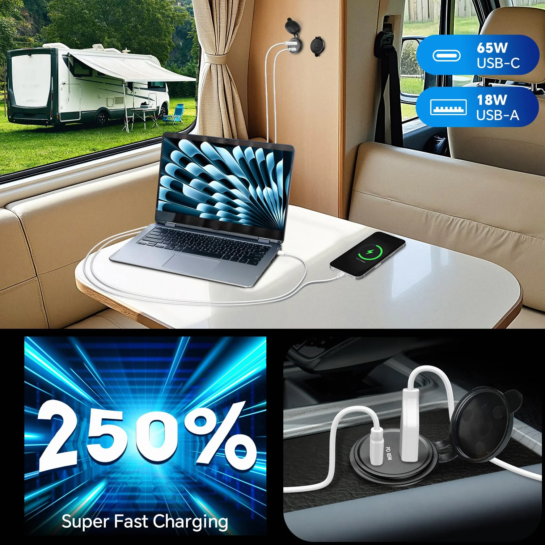acegoo Gniazdo USB 12 V 65 W PD3.0 i 18 W QC3.0, gniazdo USB kampera, całkowicie aluminiowa, wodoodporna ładowarka do laptopa, szybkie ładowanie do kampera, łodzi, autobusu, samochodu, ciężarówki, ATV