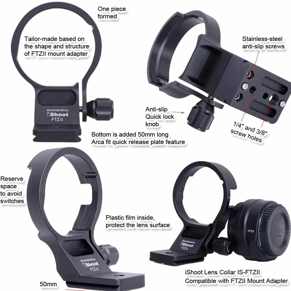 iShoot CNC obiektyw kołnierz pierścień do montażu na statywie kompatybilny z konwerterem bagnetowym Nikon FTZII, uchwyt wspornika obiektywu dno jest Arca-Swiss Fit Quick Release Plate jaskółczy ogon