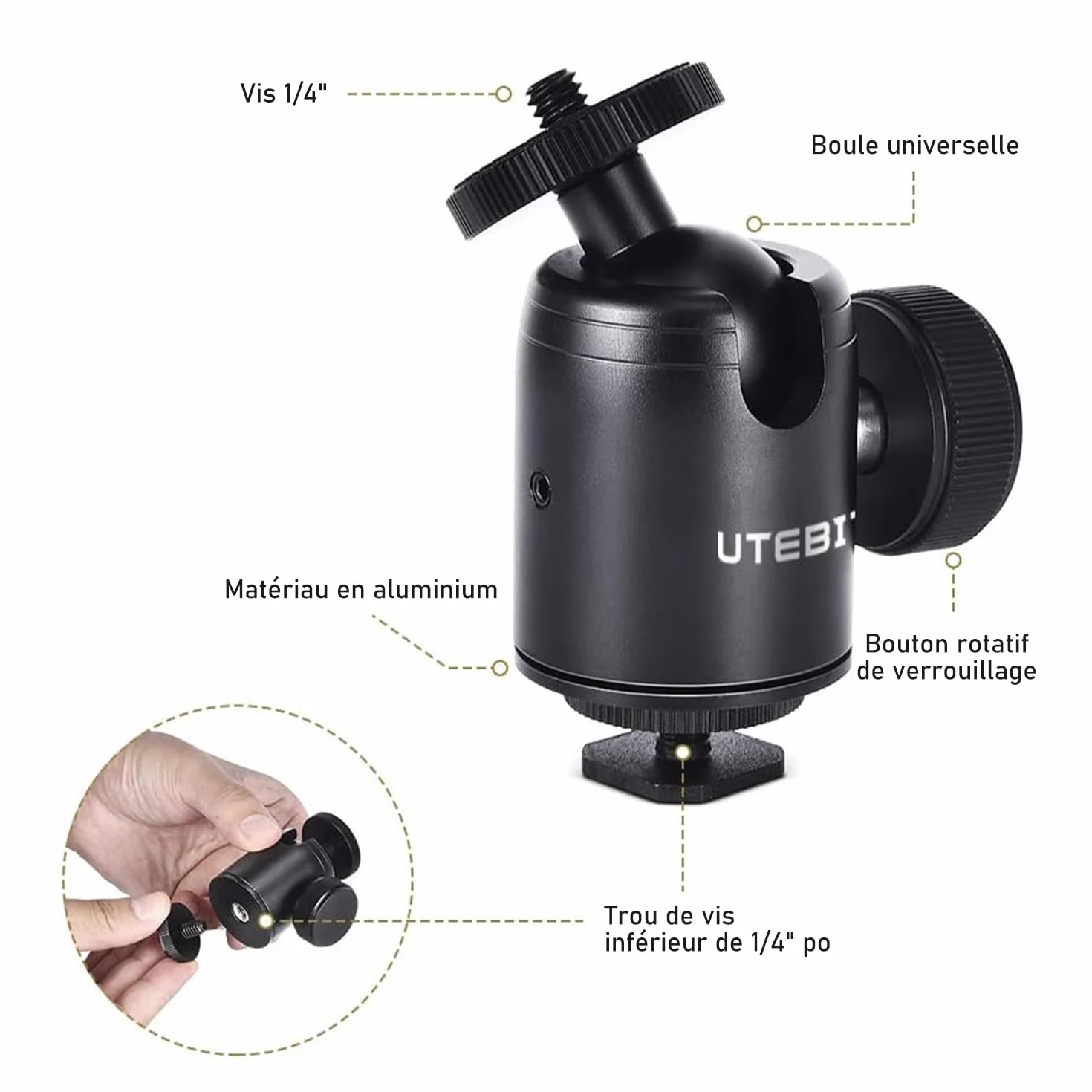 UTEBIT Głowica kulowa aparatu, obrotowe mocowanie głowicy kulowej statywu 360°, mini głowica kulowa statywu ze stopu aluminium 24 mm, maksymalne obciążenie 5 kg/11 funtów, ze zdejmowaną stopką