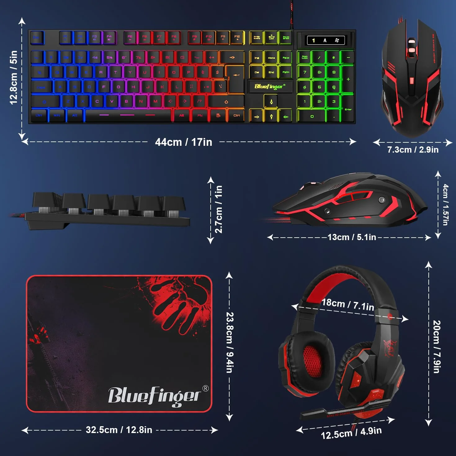 BlueFinger Klawiatura do gier RGB i podświetlana mysz i zestaw słuchawkowy, przewodowa podświetlana klawiatura USB, zestaw słuchawkowy z mikrofonem do laptopa, komputera, gier i pracy