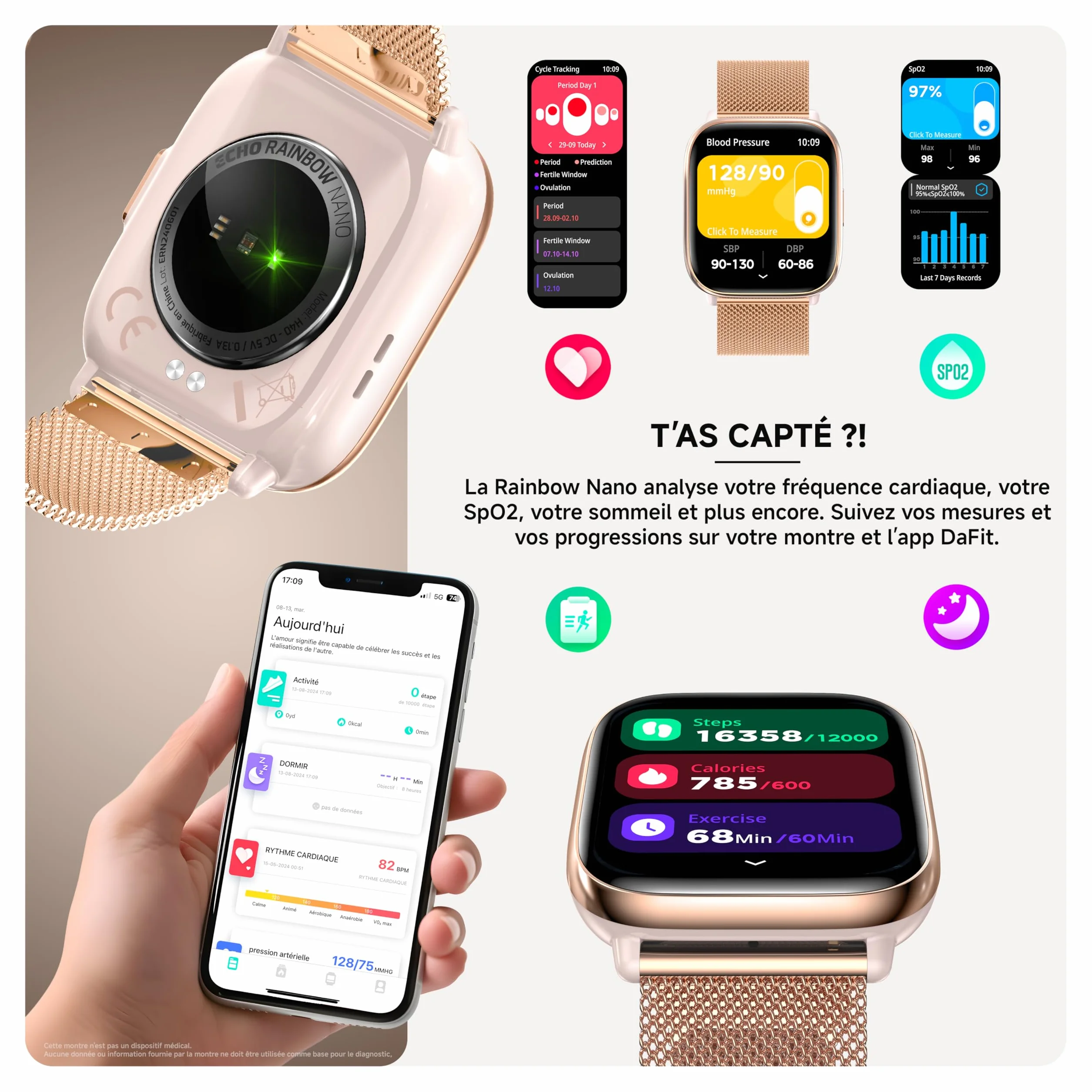 ECHO Rainbow Nano AMOLED damski smartwatch 1,83'' różowe złoto, połączenie Bluetooth/bezprzewodowe i czujniki zdrowia, tryby sportowe z trenerem, 2 metalowe bransoletki i gumka, mini, lekki i