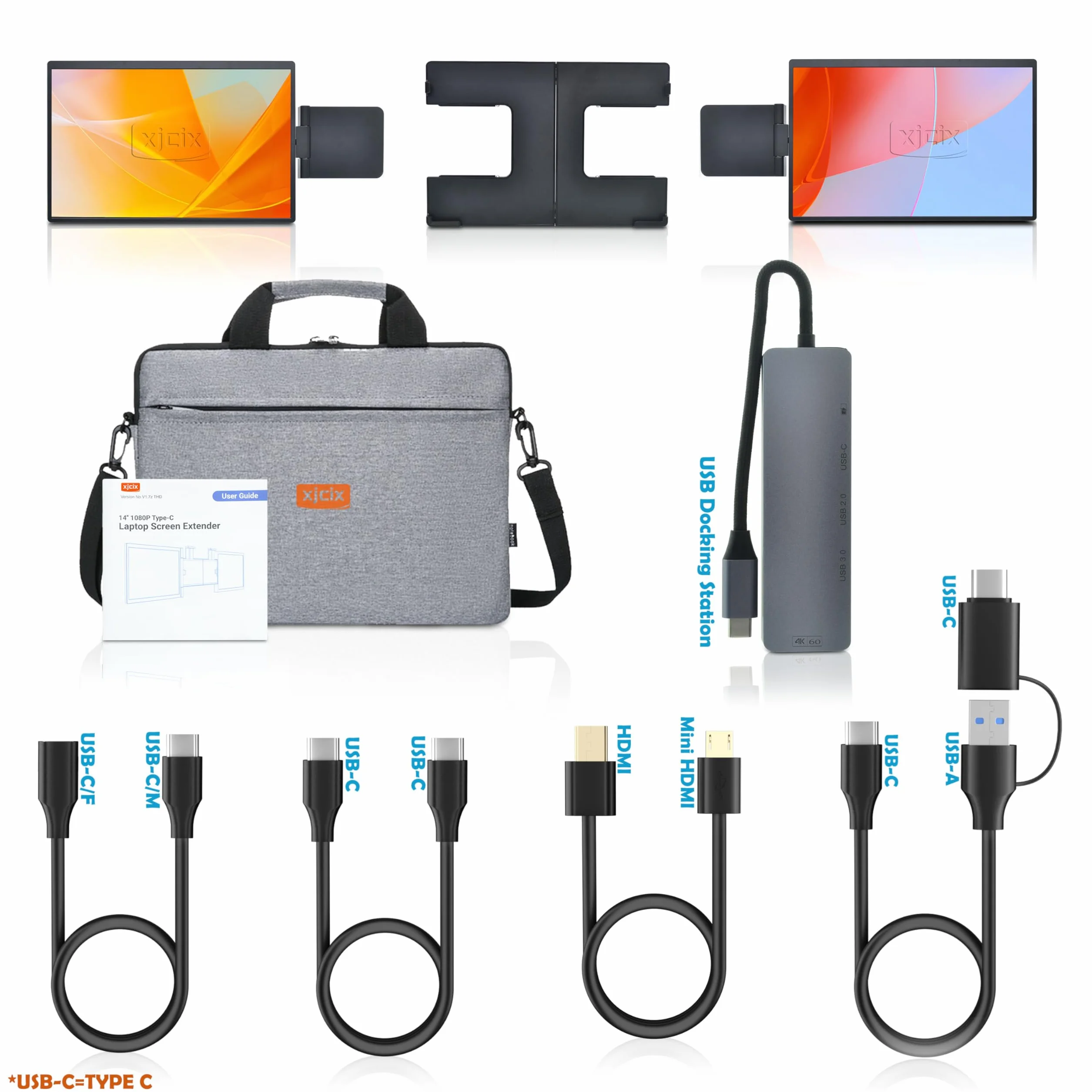 14.1 Cali IPS 1200P Przenośny Ekran Trójscreenowy do Laptopa (z USB Stacja Dokująca) 1920x1200 Dodatkowy Monitor do Laptopów 13-17" Kompatybilny z HDMI USB-A i USB-C do Podróży Biura i Domu