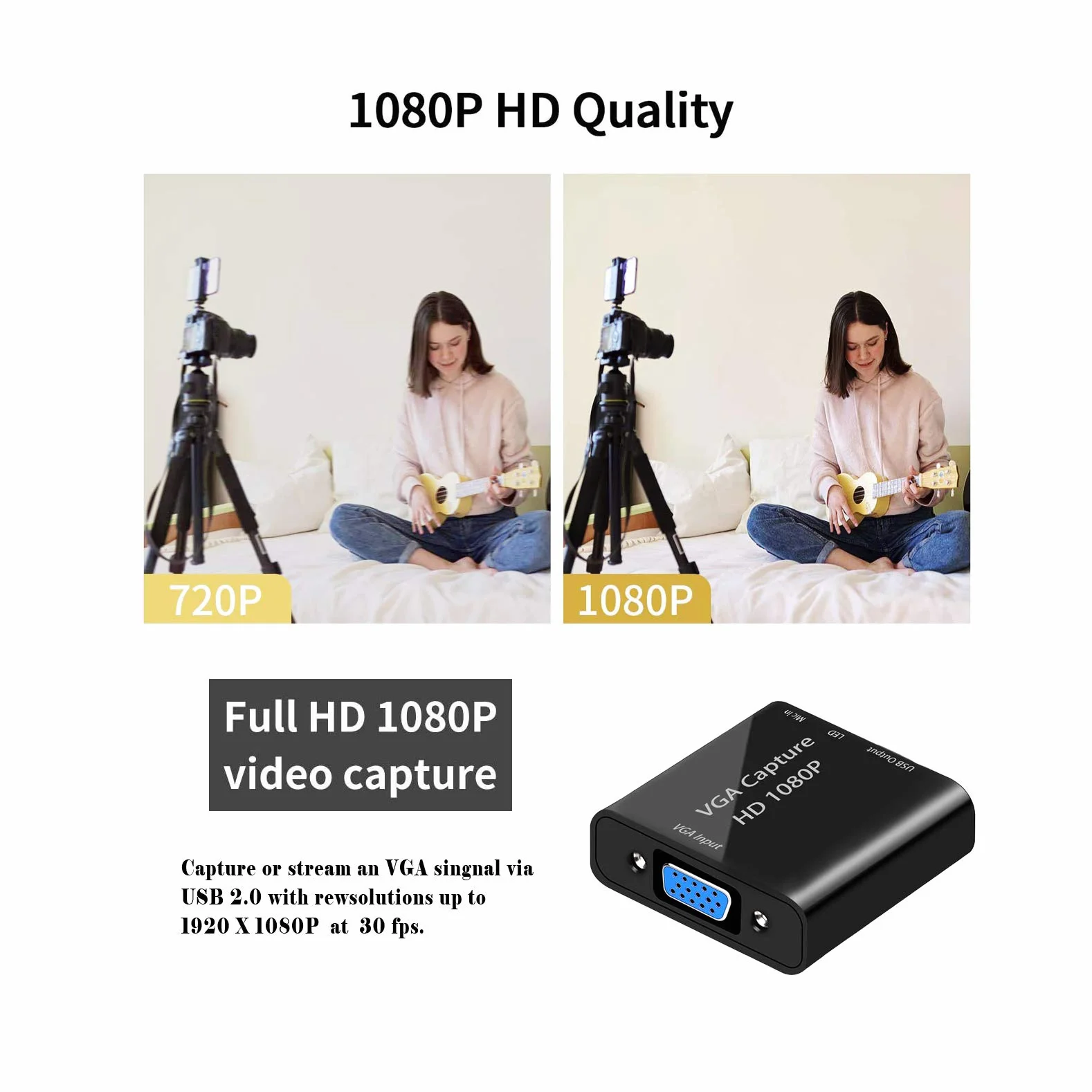 Karta przechwytywania wideo, adapter VGA na USB z wejściem mikrofonowym, adapter wideo HD 1080p, do transmisji na żywo, laptopów, monitorów, wideokonferencji i gier
