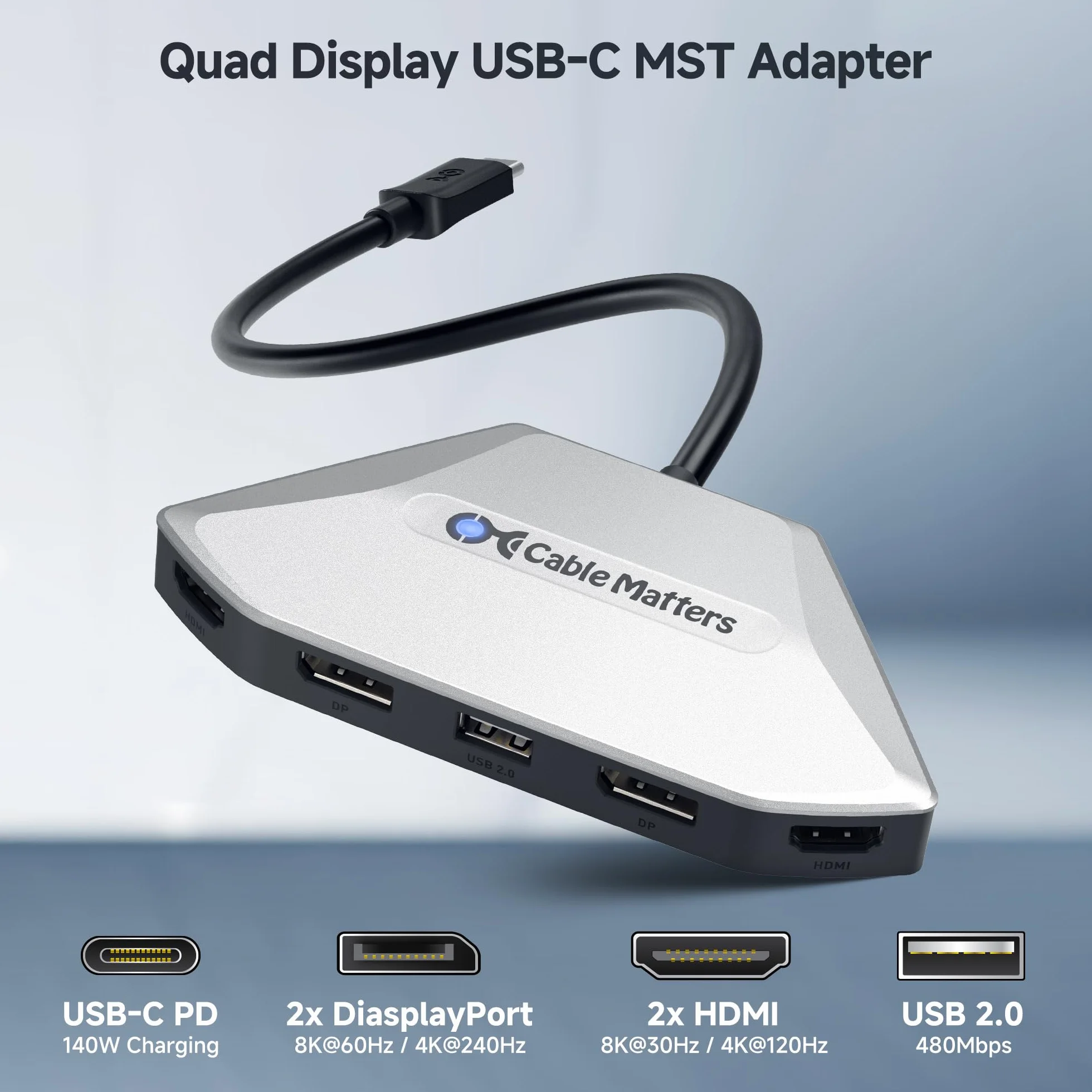 Cable Matters Adapter USB-C MST do 4 monitorów, HDMI/DisplayPort | 8K@60Hz lub 4x 4K@60Hz, ładowanie 140 W, 2x DisplayPort 2.1 i 2x HDMI 2.1, zgodny z Thunderbolt 5/4