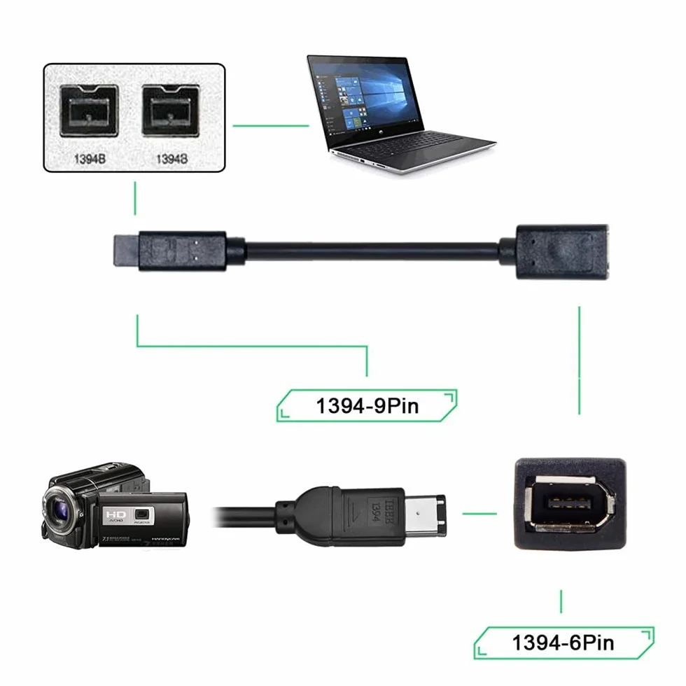 IEEE 1394 6-pinowy żeński do 1394b 9Pin męski Firewire 400 do 800 kabel 20 cm