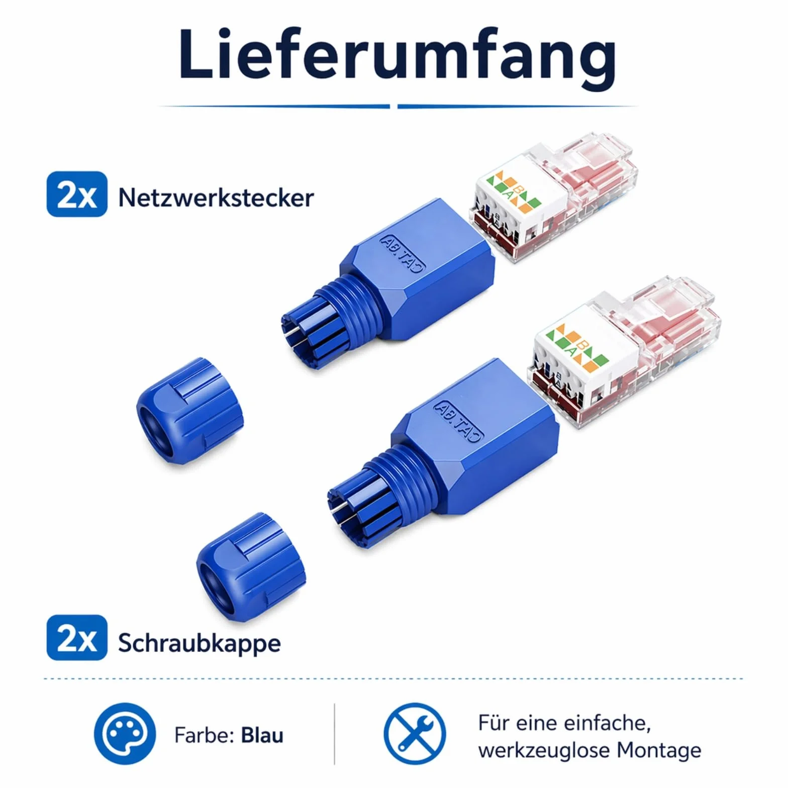 Powice Cat7 RJ45 wtyczka beznarzędziowa, niebieska, 2 sztuki