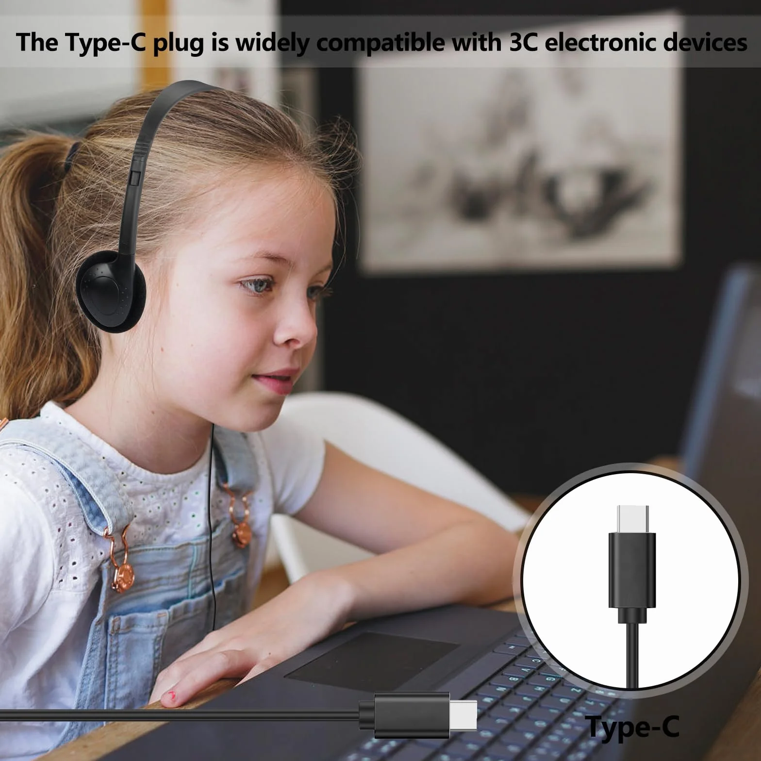 Słuchawki typu C luzem, do klasy, szkoły, dzieci, 10 sztuk, przewodowe słuchawki USB C do szkoły, kompatybilne z podkładkami, smartfony, czarne (B)
