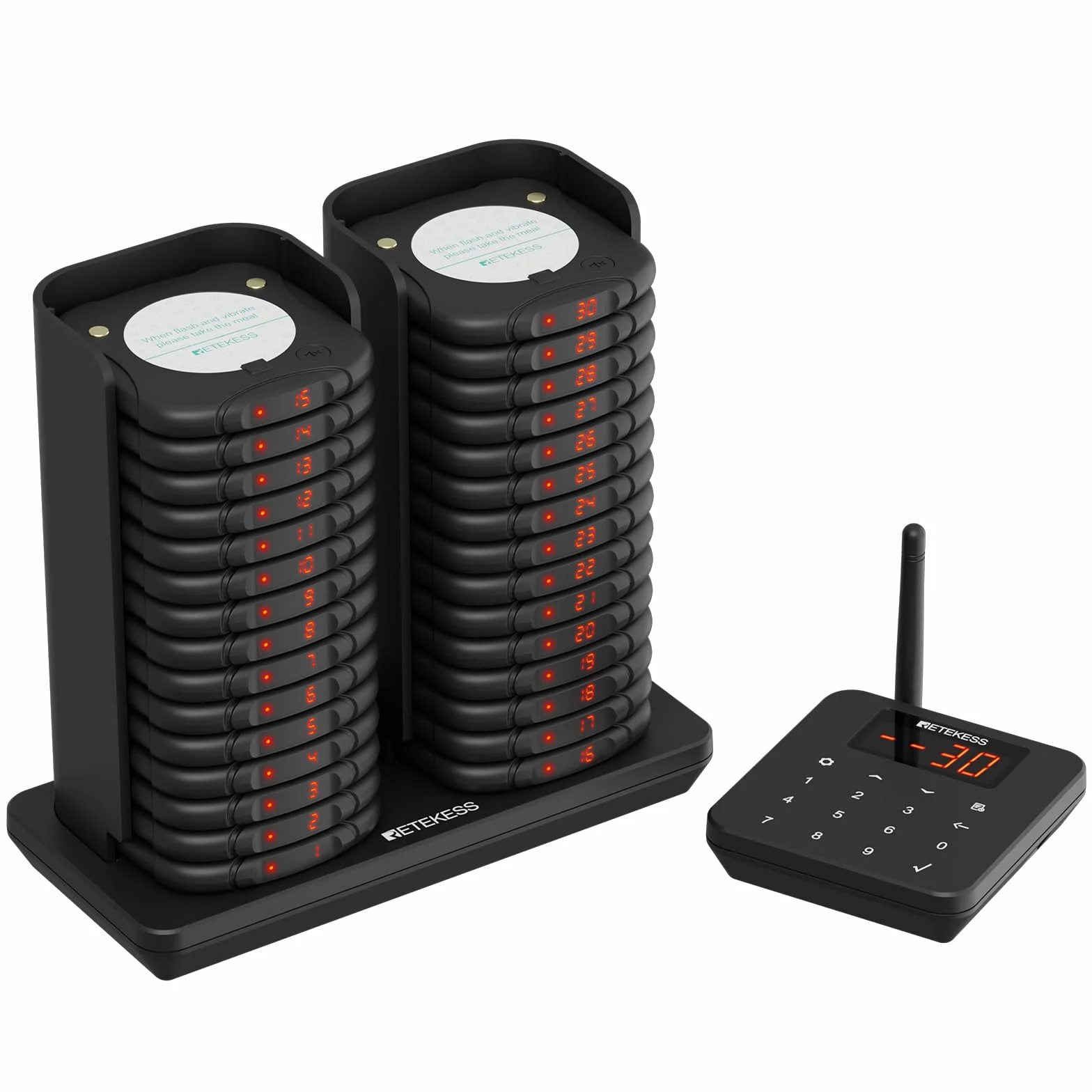 Retekess TD186 Bezprzewodowy System Przywoławczy, 30 Pagerów | Do Duża Restauracja, Klub, Największa 600M, Konstrukcja Antyprzewrotna, 300 mAh 24H, 64 Tryby Przypomnień, Plug and Play