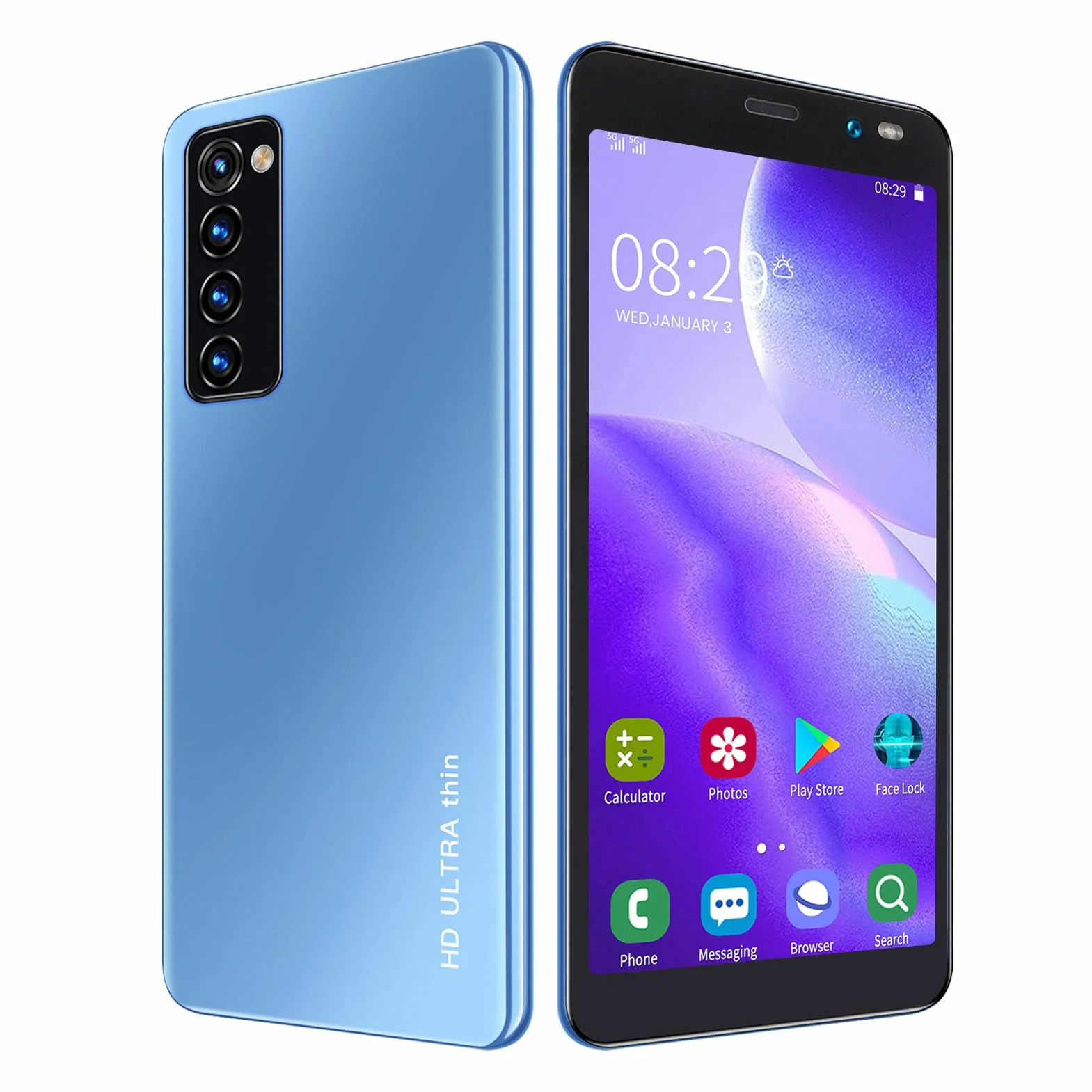 Rino4 Pro Smartfon, 5,45-calowy Pełnoekranowy HD MTK6572 Dwurdzeniowy Procesor Face Unlock, Wi-Fi, BT, FM Podwójne Karty Smartfon Z Podwójnym Trybem Gotowości Dla Androida 4.4.2(Niebieski)