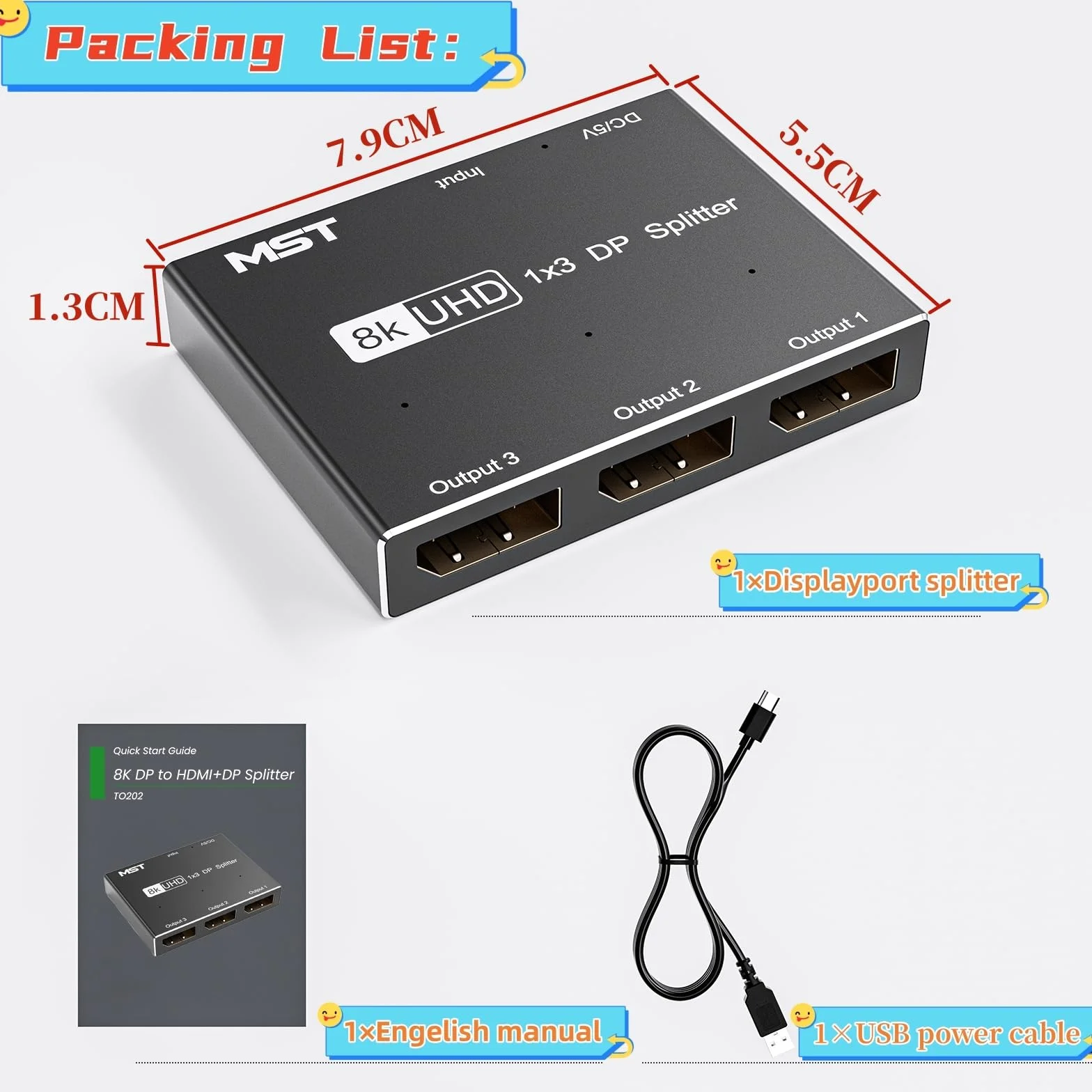 Przełącznik rozdzielacza Displayport DP 1.4 8K przy 30 Hz 4K przy 144 Hz, 1 wejście i 3 wyjścia Przełącznik Displayport, kompatybilny z wieloma źródłami wideo i interfejsami monitora