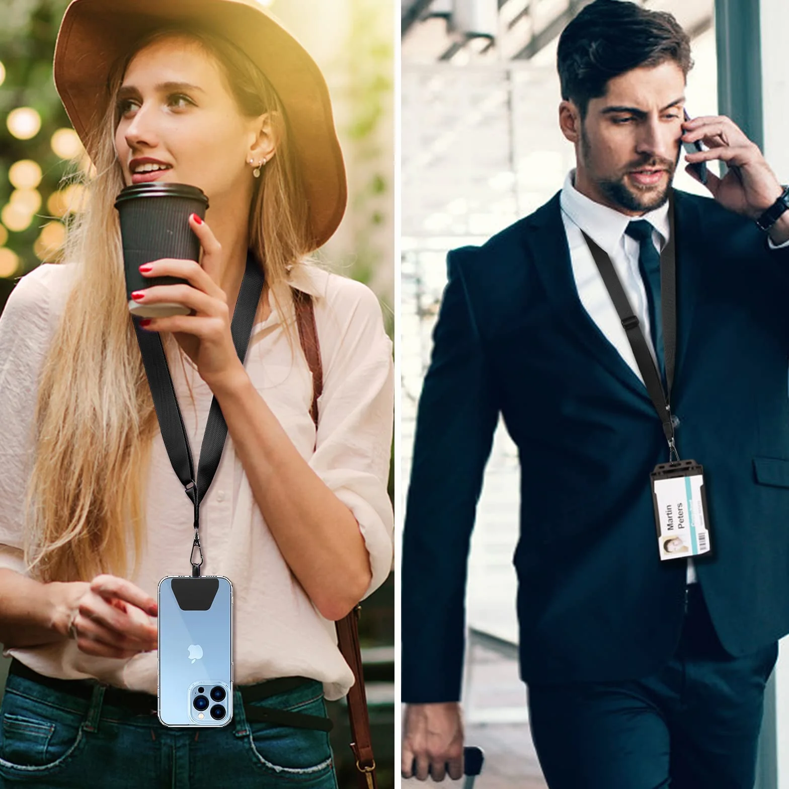 CACOE Uniwersalny łańcuszek na telefon komórkowy, 2 sztuki – 2 x regulowana smycz na klucze, 2 x trwała naszywka, smycz na telefon komórkowy, kompatybilna z większością smartfonów