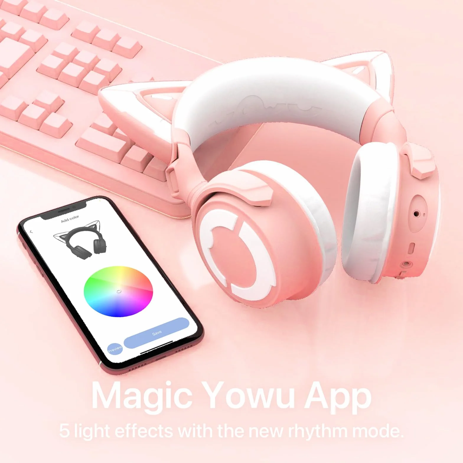 YOWU Słuchawki RGB z kocimi uszami 4GS, ulepszony bezprzewodowy zestaw słuchawkowy do gier z odłączanym mikrofonem HD, aktywna redukcja szumów (różowy)