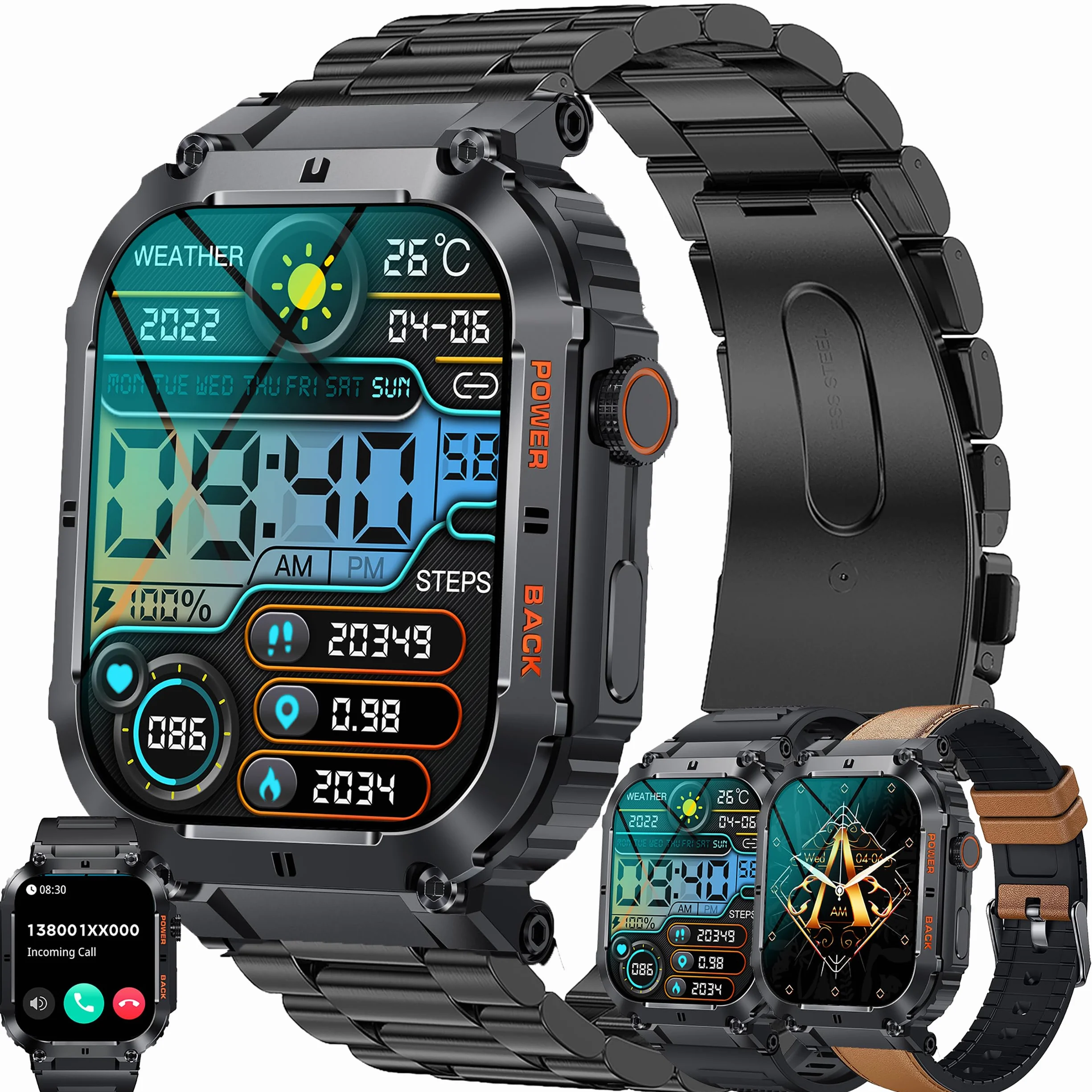 Smartwatch męski z funkcją telefonu, 1,96" HD zegarek sportowy z połączeniami telefonicznymi, zegarek fitness z monitorem tętna, monitorem snu, krokomierzem, wodoszczelność IP68, Smart Watch do