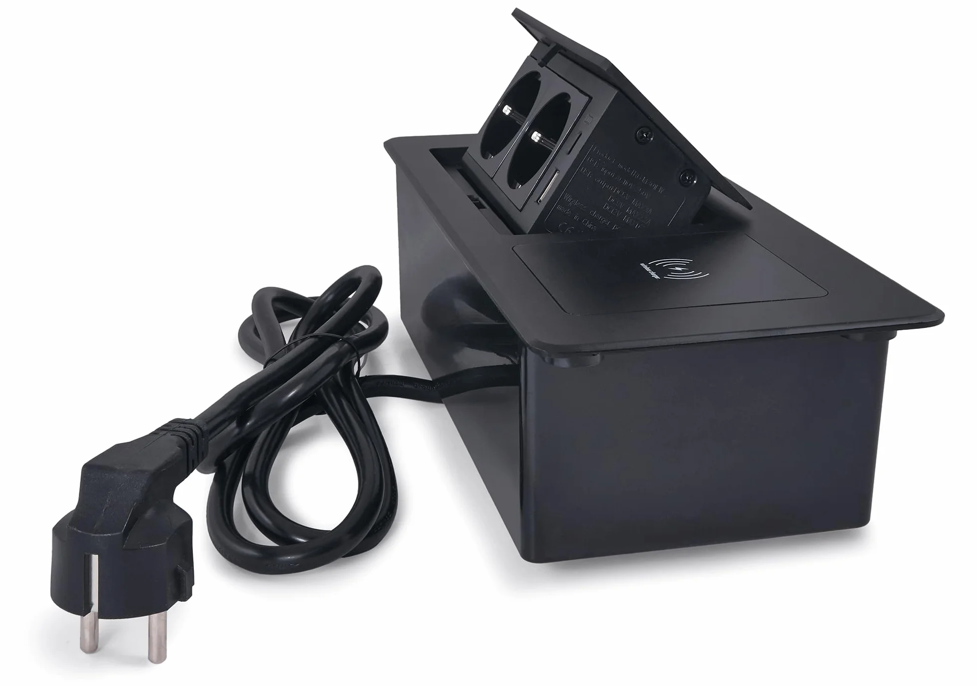 Listwa Zasilająca Wpuszczana W Blat Multibox VII – 2x Gniazdo 230V, USB-A, USB-C – Ładowarka Indukcyjna Qi – Czarny Mat – Gniazdo Nablatowe Do Kuchni I Biura