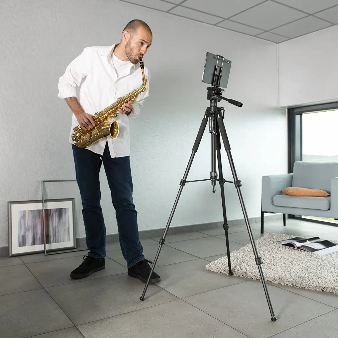 Hama Action 170 Statyw do aparatu 3D o wysokości 62-170 cm, statyw fotograficzny z uchwytem na telefon komórkowy i uchwytem na tablet, statyw z głowicą 3-kierunkową, statyw do lustrzanki z torbą