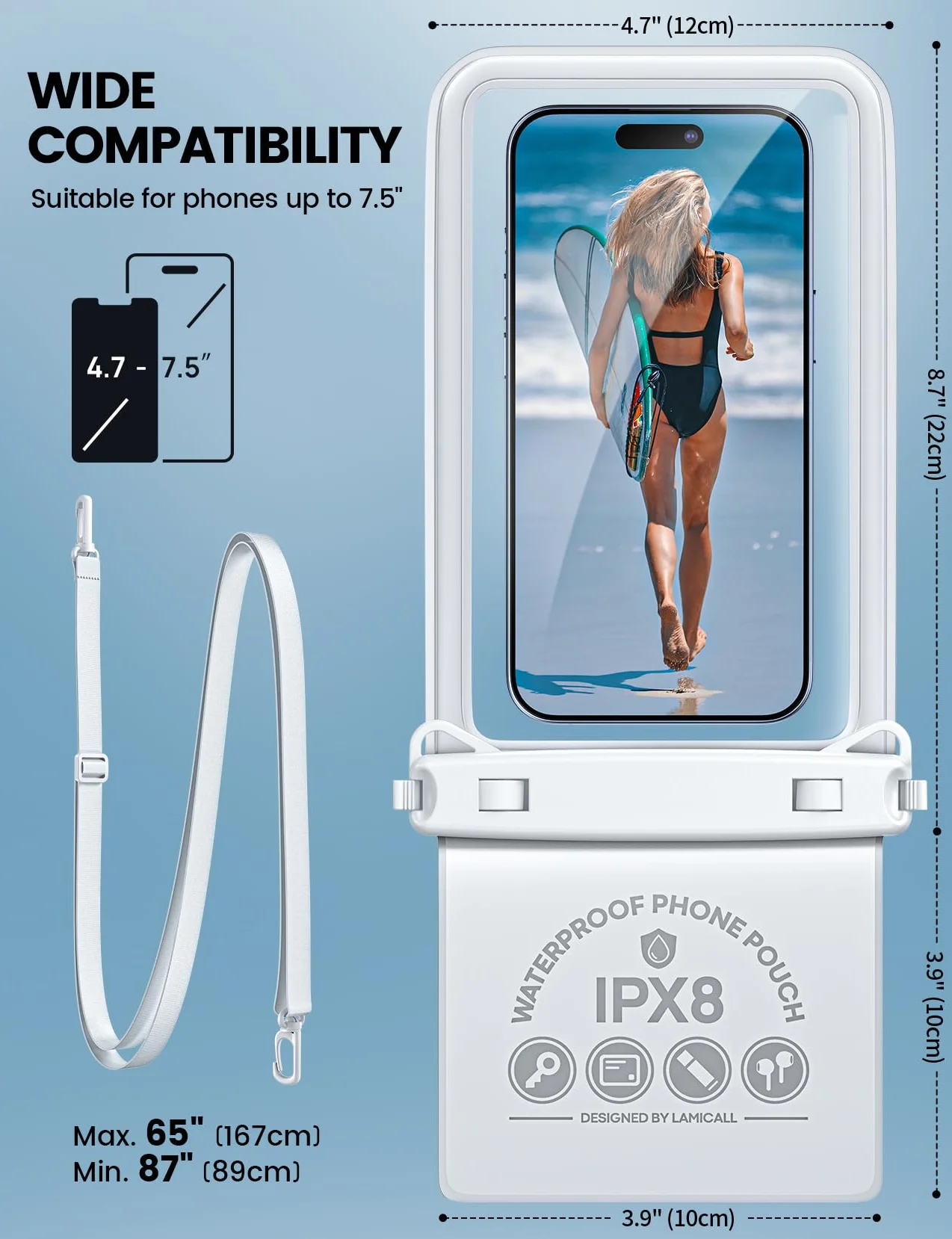 Lamicall Wodoodporna Etui na Telefon, Wodoodporna Torba na Telefon - [Podwójne Komory] Etui Podwodne do Pływania, IPX8 Wodoodporne Etui na Telefon dla iPhone 17/16/15/14/13, Smartfonów Samsung do 7,5”