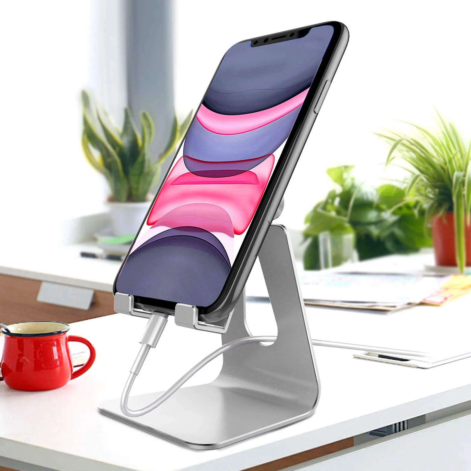 Stojak na telefon komórkowy Lucrave, regulowany aluminiowy uchwyt na telefon komórkowy na biurko Home Office dla iPhone 15 14 13 Pro Max Plus Mini XR XS X SE, Samsung Galaxy S24 S23, srebro