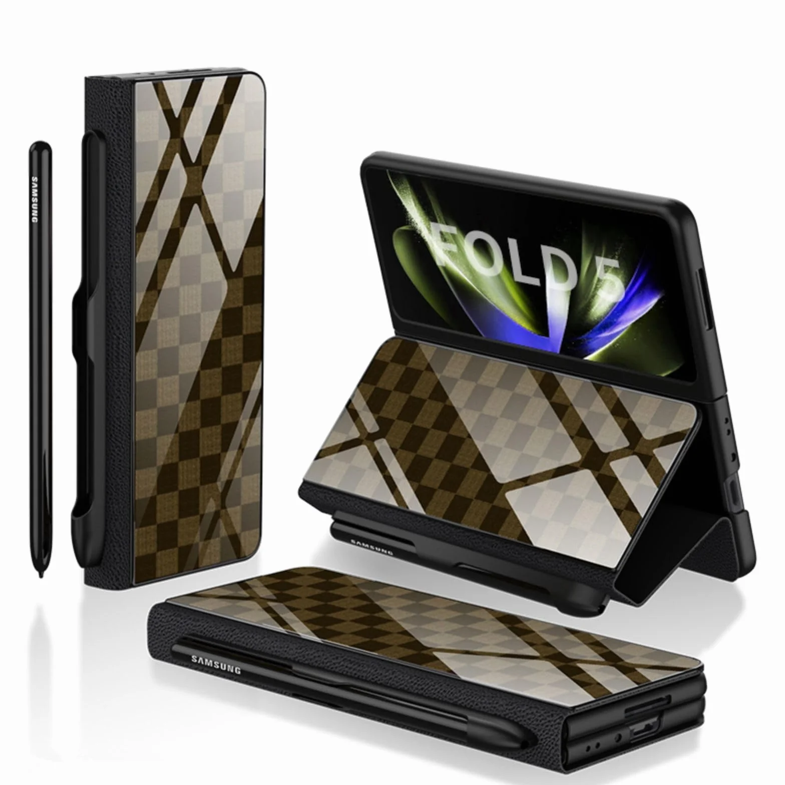 Custodia Etui do Z Fold5 etui z klapką + otwór na długopis, stojak, skóra folio, szklany blat, osłona przednia, etui na telefon komórkowy z klapką do Samsung Galaxy Z Fold5 (16)
